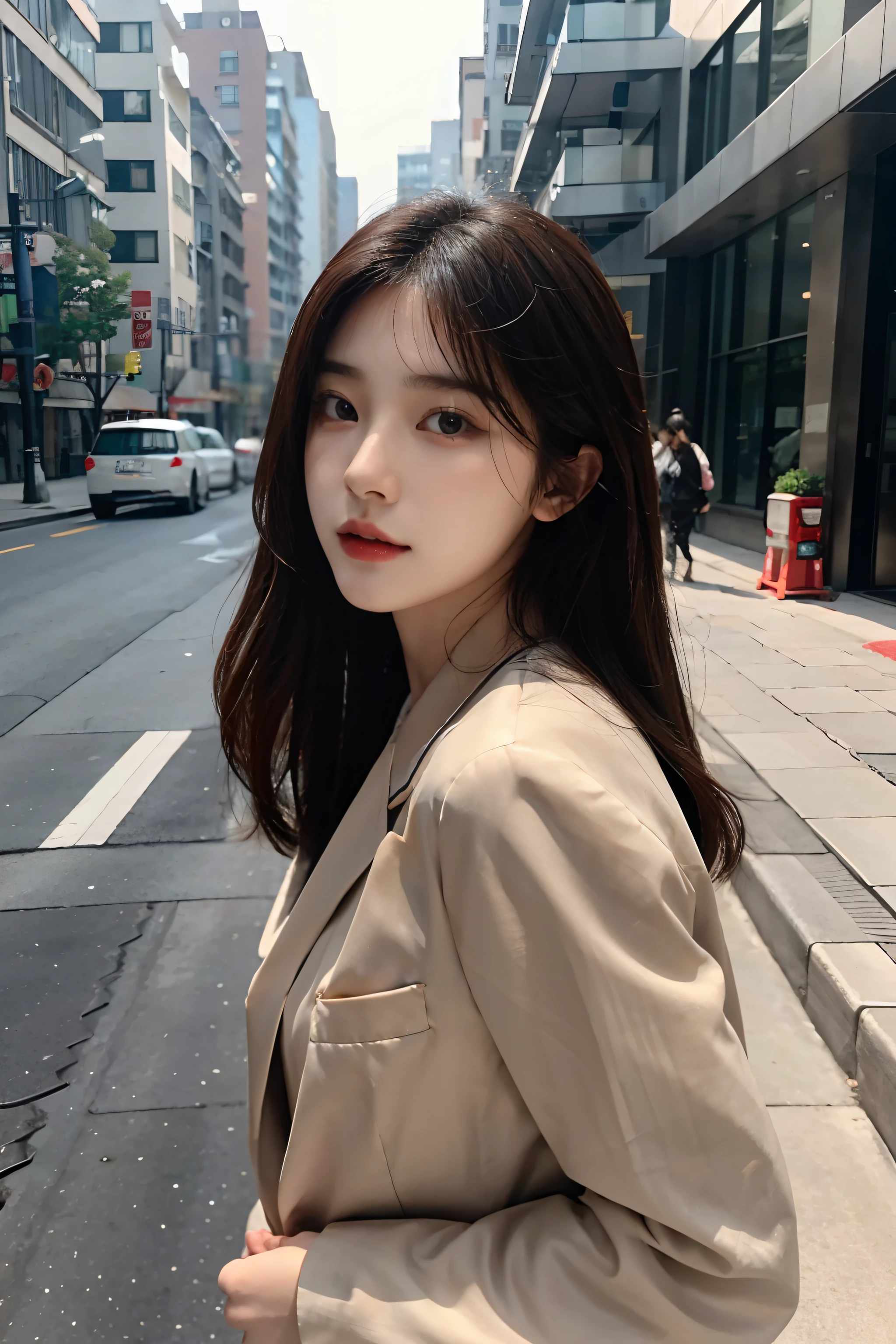 4K refined facial features,Korean girl standing on the street,adolable