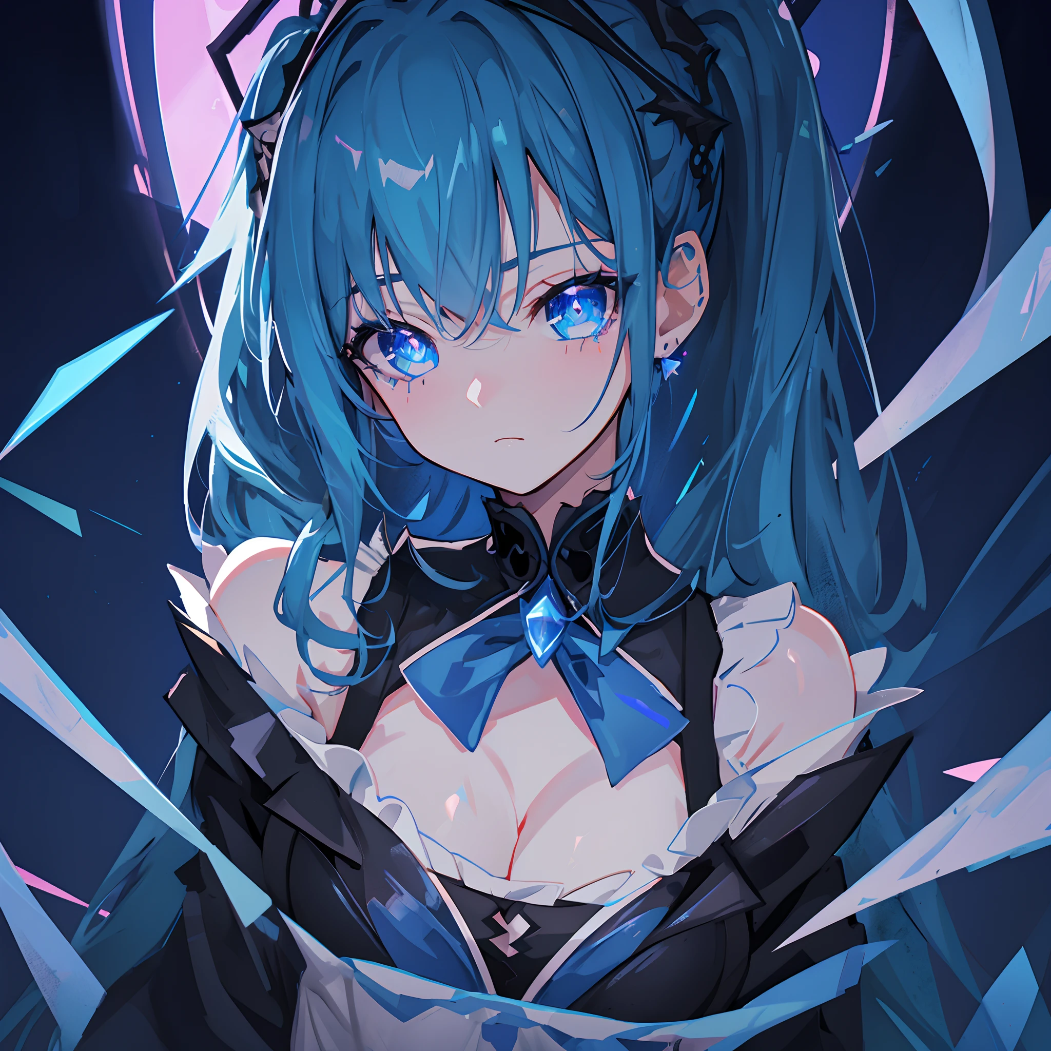 League of Legends character Gwen,League of Legends,Blue starry sky background,Meteor jump,blue color eyes,blue hairs(Double ponytail curls),Blue scissors phantom on background,Black ta dress,goth style,goth loliicate facial features like dolls, anime big breast, Guibli, style of anime, closeup cleavage, first person perspective, 8K, super detailing, tmasterpiece,super detailing, high qulity,A high resolution, High detail,blissful,strong lights,Pupillary details,Symmetrical pupils,Pupil highlight,Sharpening of details,Dazzling light,Background bokeh。