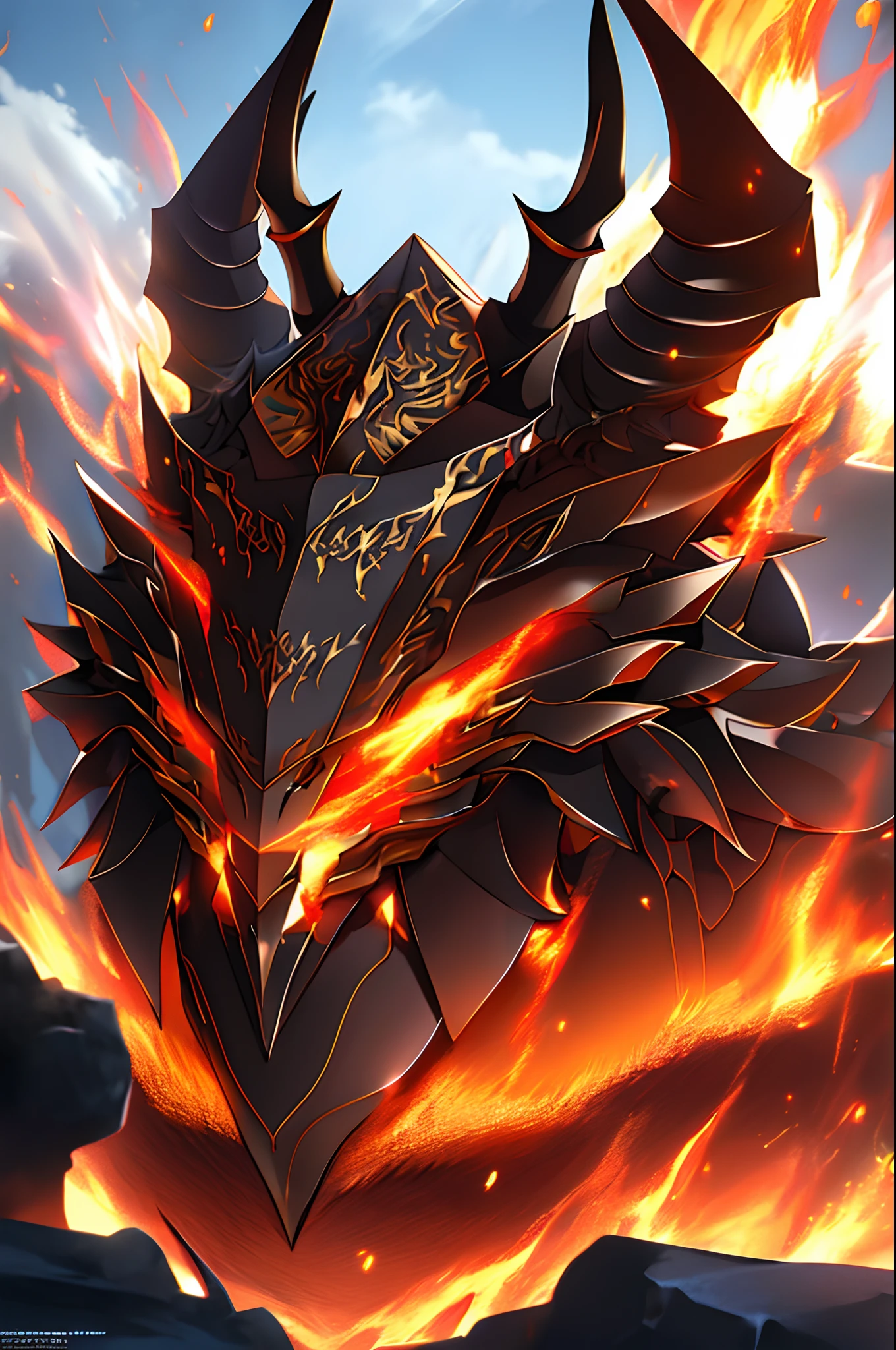 Epic fantasy art style, painted in the style arcane, Anime art wallpaper 4 K, Anime art wallpaper 4k, Epic fantasy digital art style,high render,Hell Demon,molten lava,Orange-red psionic energy and burning blood flow through the body,Burly humanoid body,Spit out orange-red flames from your mouth,Wrapped in a powerful set of armor.The giant horns of the stag beetle and the armor that references the exoskeleton of the beetle. The metal plate is decorated with an intricate design,Reminiscent of a flickering flame licked on the surface.(Facial focus) ,Very detailed CG unity 8K wallpaper,hugefilesize,ultra - detailed,A high resolution,absurderes,beautidful eyes,Ray traching,dramatic shadow,finely detailled,Dramatic angles,Hyper-detailing,