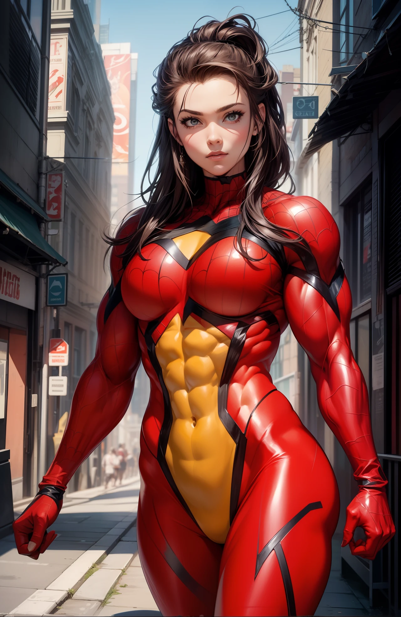 Obra maestra, La mejor calidad:1.2), ((muscular:1.5)) ((hembra:1.5)),tetona,curva, ((girlish)), sexy, Grande_Tetas,(Pintura digital: 1.4), Una hermosa mujer con un disfraz de Spiderman, Frente al espectador, De pie en un edificio, Antecedentes urbanos, La mejor obra maestra, Muy alto detalle, realista, 8k,