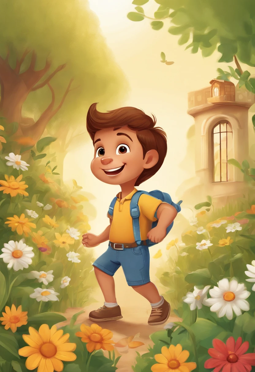 jonas the little explorer, various poses and expressions on a white background, children's book illustration style, cute, colors, 6 , short brown hair, solid color, white short-sleeved shirt, denim shorts without belt, without glasses, without hat, no book, no backpack, One sunny day, Jonas was exploring his garden when he suddenly discovered a magical door hidden behind the flowers.