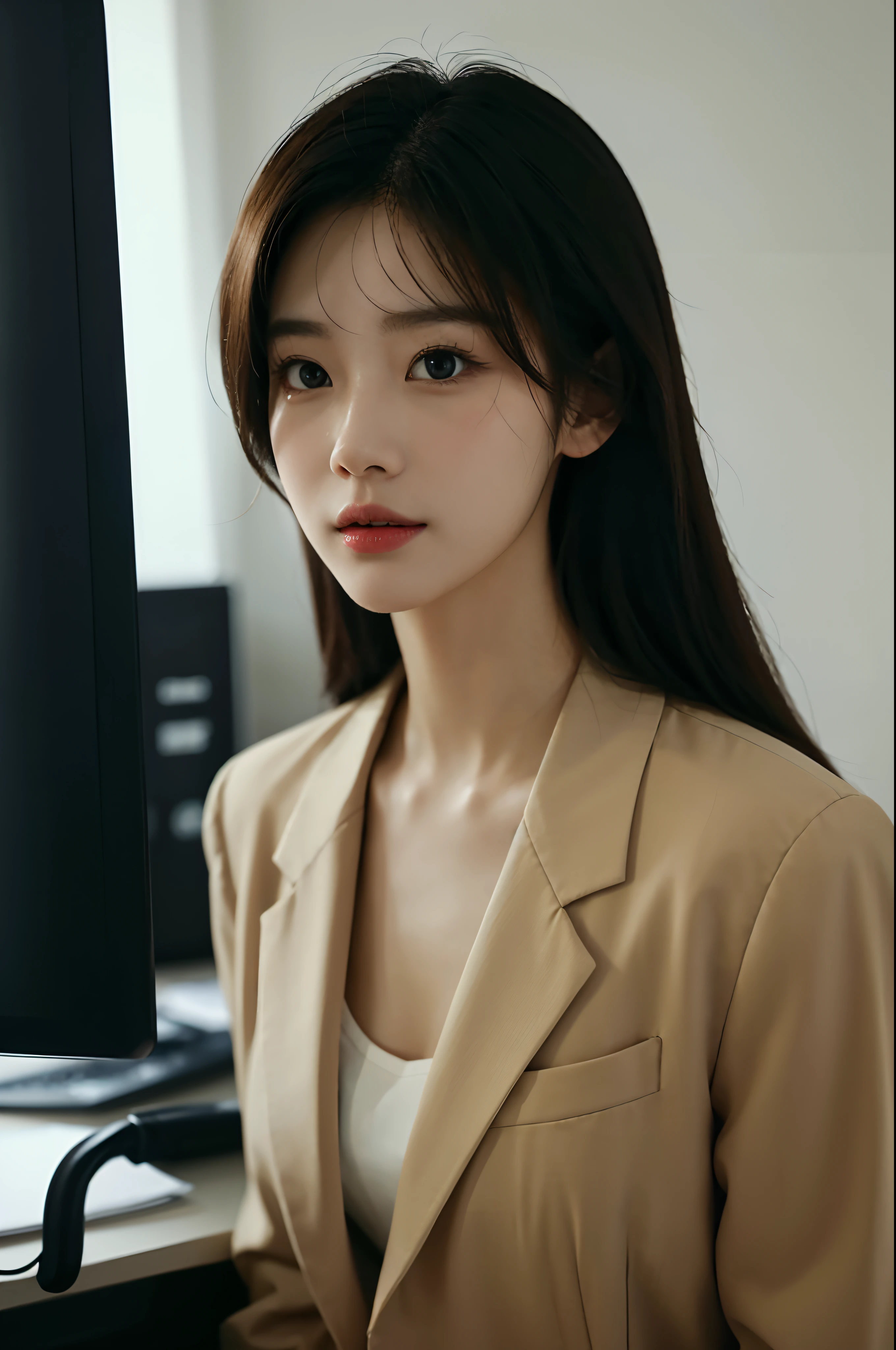 High-res, Realistic portrait of professional korean office lady with perfect skin,Professional suits,Women's suits,stand posture,The upper part of the body,Women in the workplace,Show confidence and maturity, Surrounded by a modern corporate environment, Vibrant and naturally lit highlights. The artwork should emphasize her elegant facial features, Including charming long eyes, Fluttering eyelashes and seductive lips. The scene should be enhanced with elements of professionalism and visual appeal,For example, Stylish work desk, Mainframe computers, High-resolution display, and complex stationery. The overall tone should be warm and professional, Has a soft and natural color palette. The artwork should exude a sense of professionalism, Success, and cultural pride,The background is blurred out