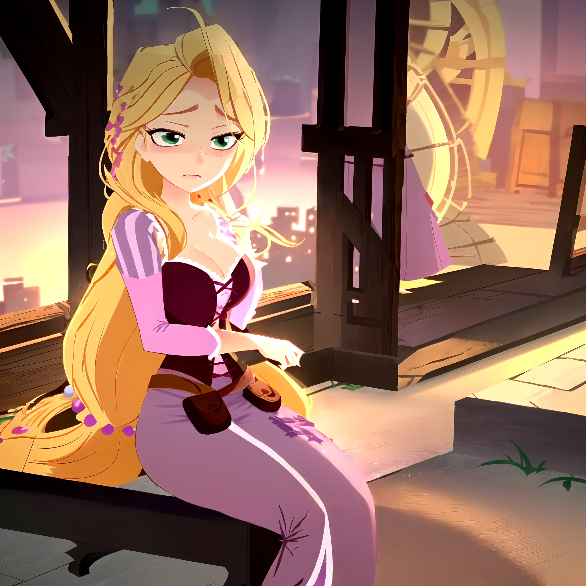 Rapunzel was robbed and beaten outside of a forest cabinet, and had endured hours of pain, beatings, slashes, gun shots, and blows. Now she just stares out at the sunset, green eyes barely open, and unable to pick herself up or breath easily hoping for someone to save her. (Rapunzel, big breasts: 1.4), (tattered, ripped, shredded purple lace dress: 1.9), (dishelved long blond hair: 1.4), (Rapunzel comatose on a porch: 1.9),( Rapunzel scarred, bruised, and exhausted: 1.9), (Rapunzel has a miserable and painful facial expression: 1.8), (detailed Rapunzel character: 1.9), (close up view: 1.9), (brutal environment: 1.6), (pieces of the dress torn off: 1.9), Rapunzel knocked out on her back