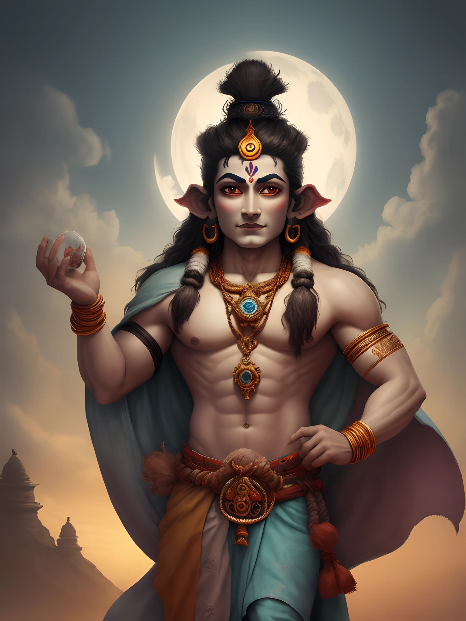 (epic),(man),<lora:shiva_v1-10:1>,jewelry,male focus,long hair,purple skin,muscular,(trishul),(powerful pose),(dramatic lighting),(intense expression),(ornate clothing),(detailed background),(mythical creatures),(divine aura),