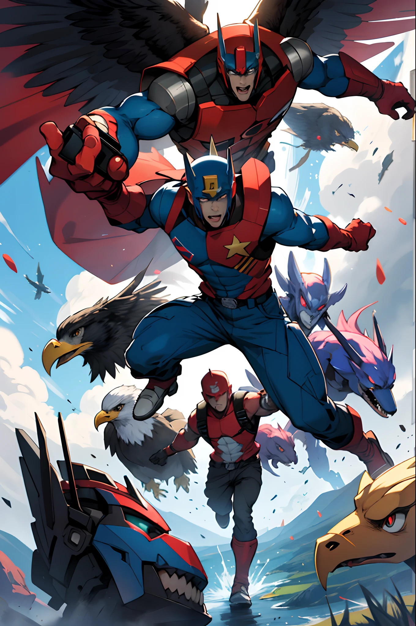 Optimus Prime and a waifu holding a Pokeball, surrounded by pokemon monsters and fighting them. Bald eagle flying above in the sky. The american flag is in the background.