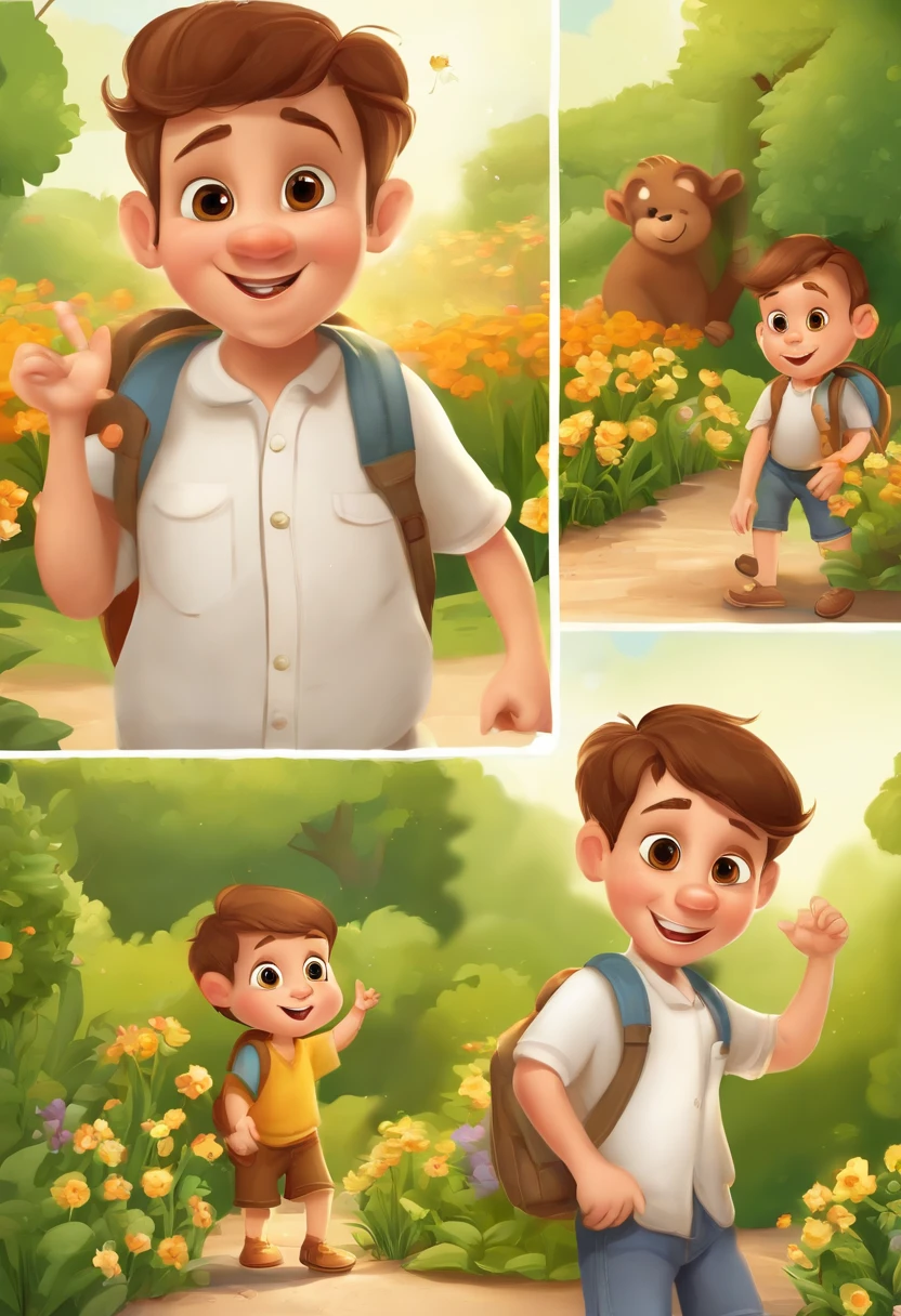jonas the little explorer, various poses and expressions on a white background, children's book illustration style, cute, colors, 6 years old, short brown hair, solid color, white short-sleeved shirt, denim shorts without belt, without glasses, without hat, no book, no backpack, One sunny day, Jonas was exploring his garden when he suddenly discovered a magical door hidden behind the flowers.