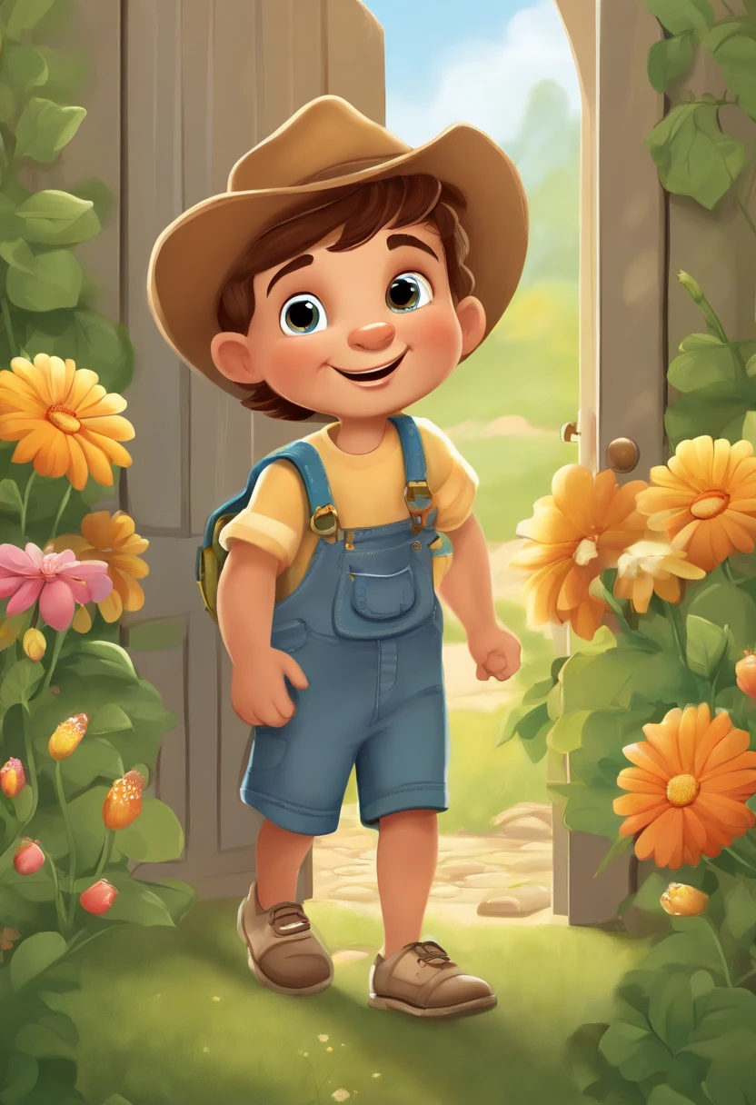 jonas the little explorer, various poses and expressions on a white background, children's book illustration style, cute, colors, 6 years old, short brown hair, solid color, white short-sleeved shirt, denim shorts without belt, without glasses, without hat, no book, no backpack, One sunny day, Jonas was exploring his garden when he suddenly discovered a magical door hidden behind the flowers.
