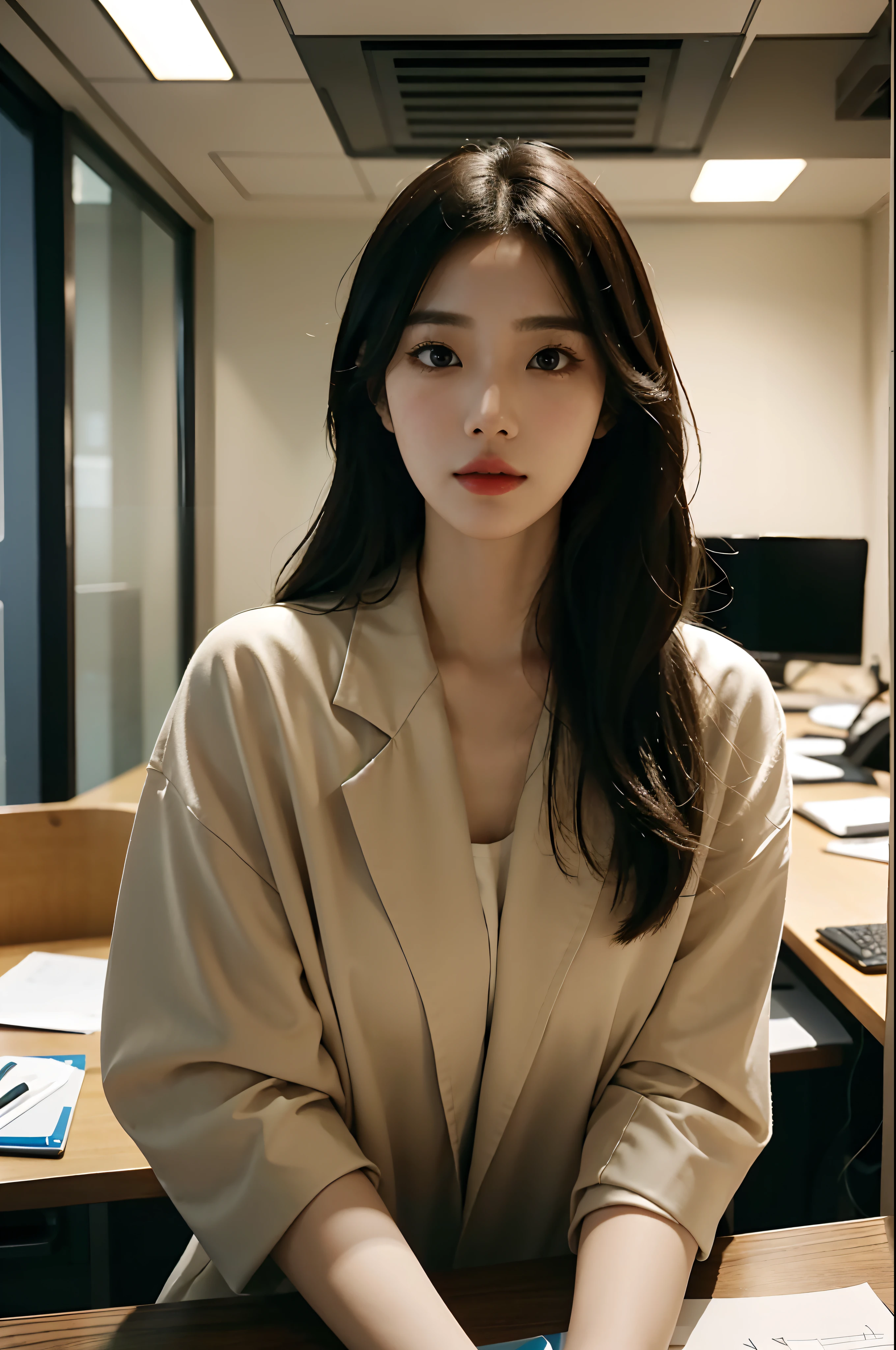 High-res, Realistic portrait of professional korean office lady with perfect skin,Professional suits,Women's suits,stand posture,The upper part of the body,Women in the workplace,Show confidence and maturity, Surrounded by a modern corporate environment, Vibrant and naturally lit highlights. The artwork should emphasize her elegant facial features, Including charming long eyes, Fluttering eyelashes and seductive lips. The scene should be enhanced with elements of professionalism and visual appeal,For example, Stylish work desk, Mainframe computers, High-resolution display, and complex stationery. The overall tone should be warm and professional, Has a soft and natural color palette. The artwork should exude a sense of professionalism, Success, and cultural pride,The background is blurred out