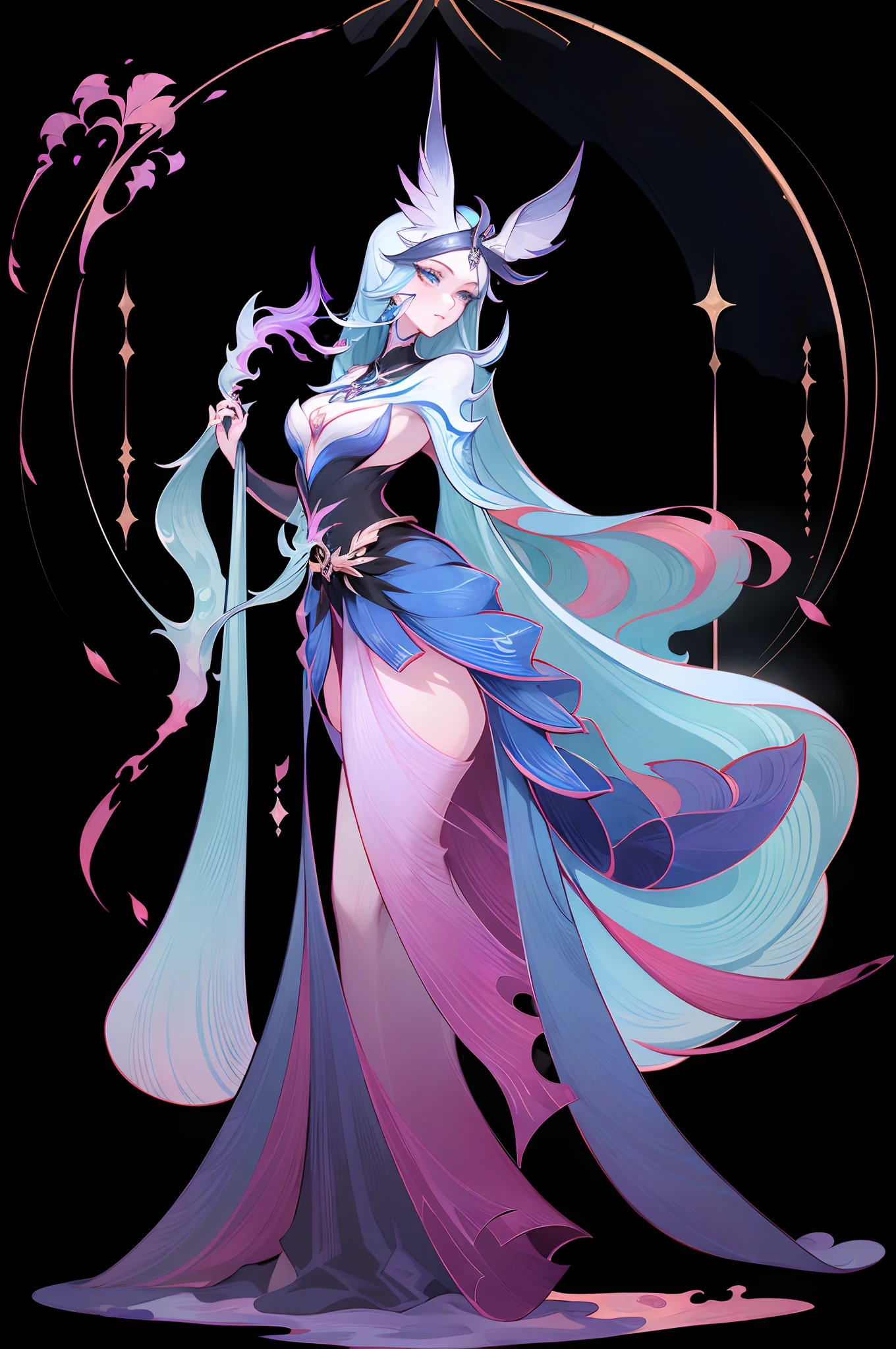 1 beautiful woman，mages，Gorgeous long dress，standing full-body，独奏，Clear facial features，Simple line design，Transparent background，(tmasterpiece，top Quority，best qualtiy，超高分辨率，Clear facial features，beautidful eyes，beauitful face)