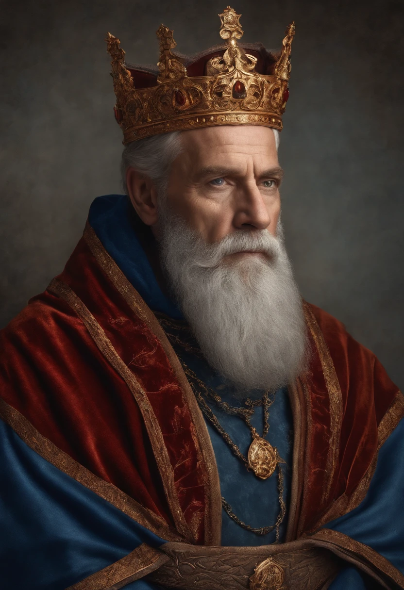 Arafed man with a blue crown and robe, red-haired and graying medieval king, red-haired beard, thinning beard, age 50 years, short hair, portrait of emperor of humanity, highly detailed character, painted in high resolution.