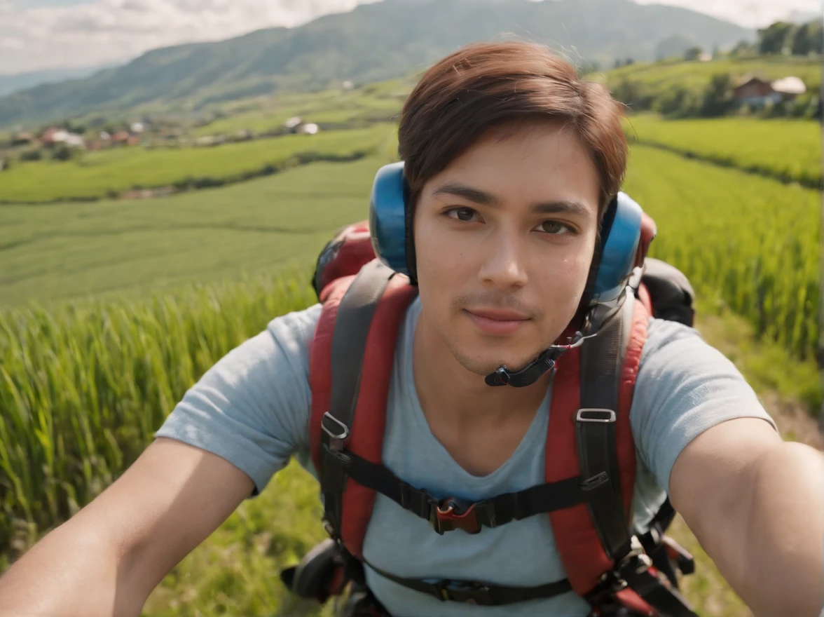 (best quality,4k,8k,highres,masterpiece:1.2),ultra-detailed,(realistic,photorealistic,photo-realistic:1.37),aerial view,paragliding,goggles,close-up of face,windy,green rice fields,blue sky and white clouds,drinking a beverage,Coca-Cola logo,refreshing.