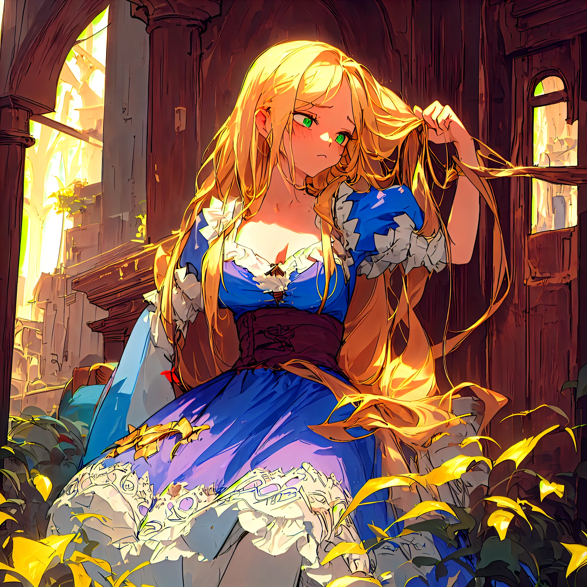 Rapunzel was robbed and beaten outside of a forest cabinet, and had endured hours of pain, beatings, slashes, gun shots, and blows. Now she just stares out at the sunset, green eyes barely open, and unable to pick herself up or breath easily hoping for someone to save her. (Rapunzel, big breasts: 1.9), (loose_hair: 2.2), (tattered, ripped, shredded purple lace dress: 1.5), (dishelved long blond hair: 1.4), Rapunzel knocked out on a porch: 1.9), (Rapunzel scarred, bruised, and exhausted: 1.9), (Green eyes shut: 1), (Rapunzel has a miserable and painful facial expression: 1.8), (Rapunzel stuck on her back and her head looking to the right: 1.9), (detailed Rapunzel character: 1.2), (close up view: 1.9), (brutal environment: 1.0), (pieces of the dress torn off: 1.3)