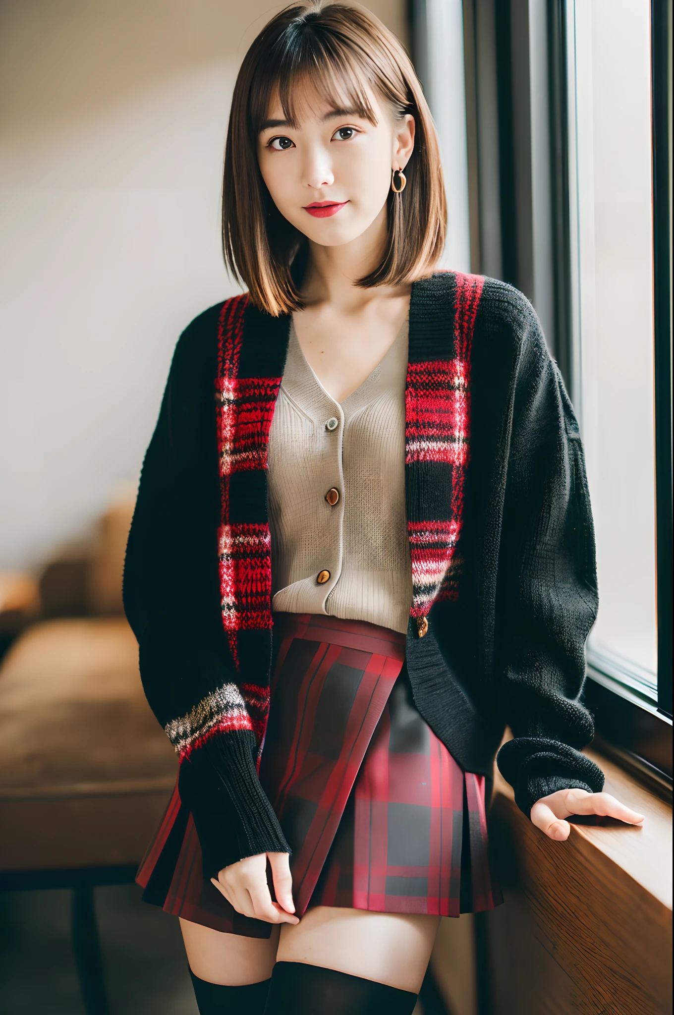 1girl in, 22 years old, mix4, (8K, Raw photo, Best Quality, masutepiece: 1.2), (Realistic, Photorealistic: 1.37), Indoor, Black Short Knit Cardigan, Narrow skirt with dark red plaid pattern, Black Suede Boots, window、light brown hair、gradation hair