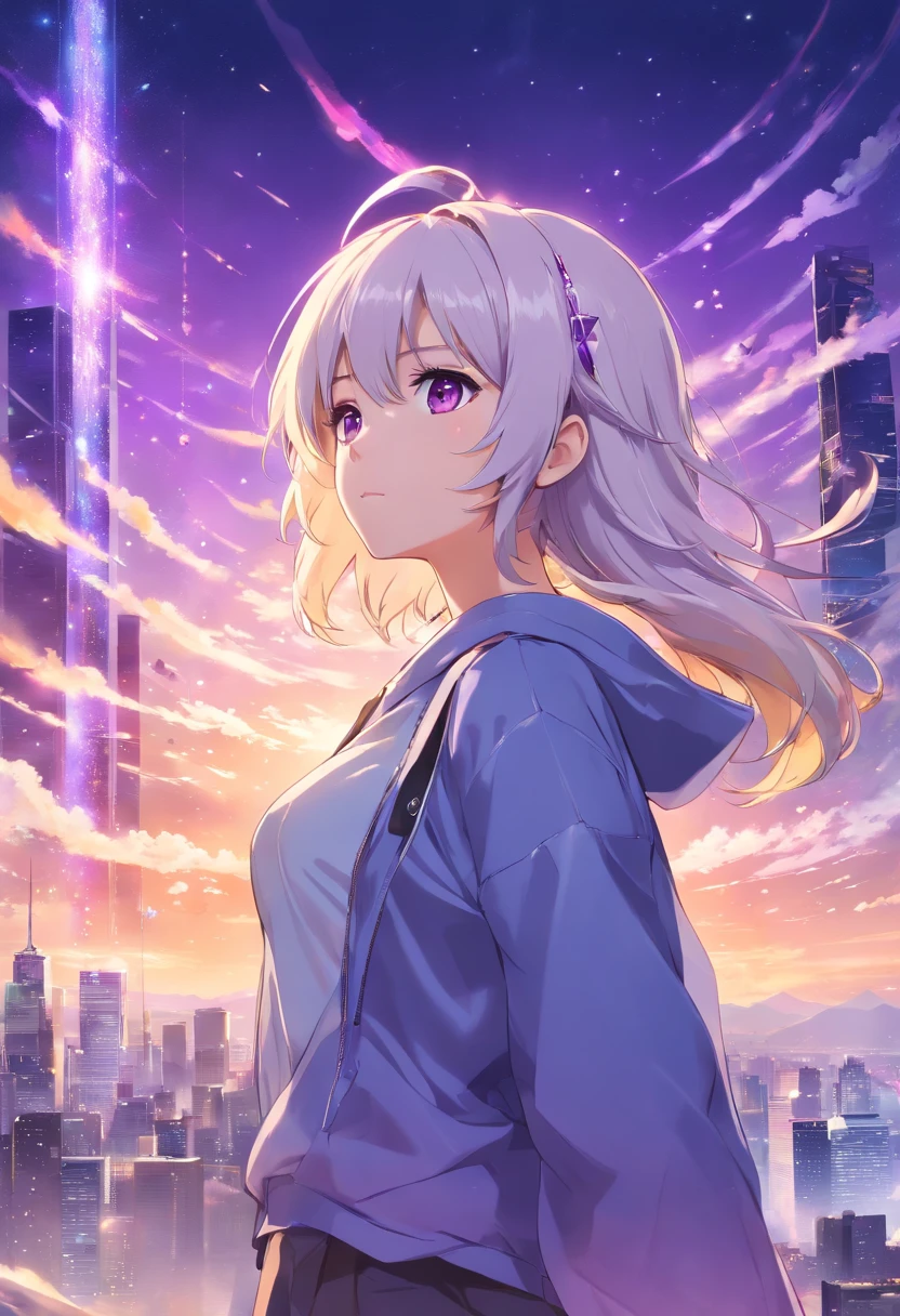 (tmasterpiece,4K,style of anime,a sense of atmosphere，extreme hight detail，cg render，Standing painting，Ray traching，From Arknights，sci-fy)(whaite hair，long  white hair，Purple pupils，Cover the whole body，Beautuful Women)（The background is a huge golden space）(There are purple crystals around)