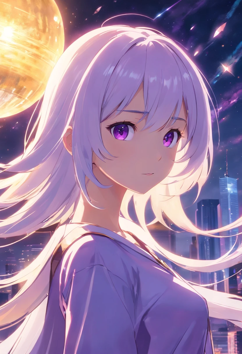 (tmasterpiece,4K,style of anime,a sense of atmosphere，extreme hight detail，cg render，Standing painting，Ray traching，From Arknights，sci-fy)(whaite hair，long  white hair，Purple pupils，Cover the whole body，Beautuful Women)（The background is a huge golden space）(There are purple crystals around)
