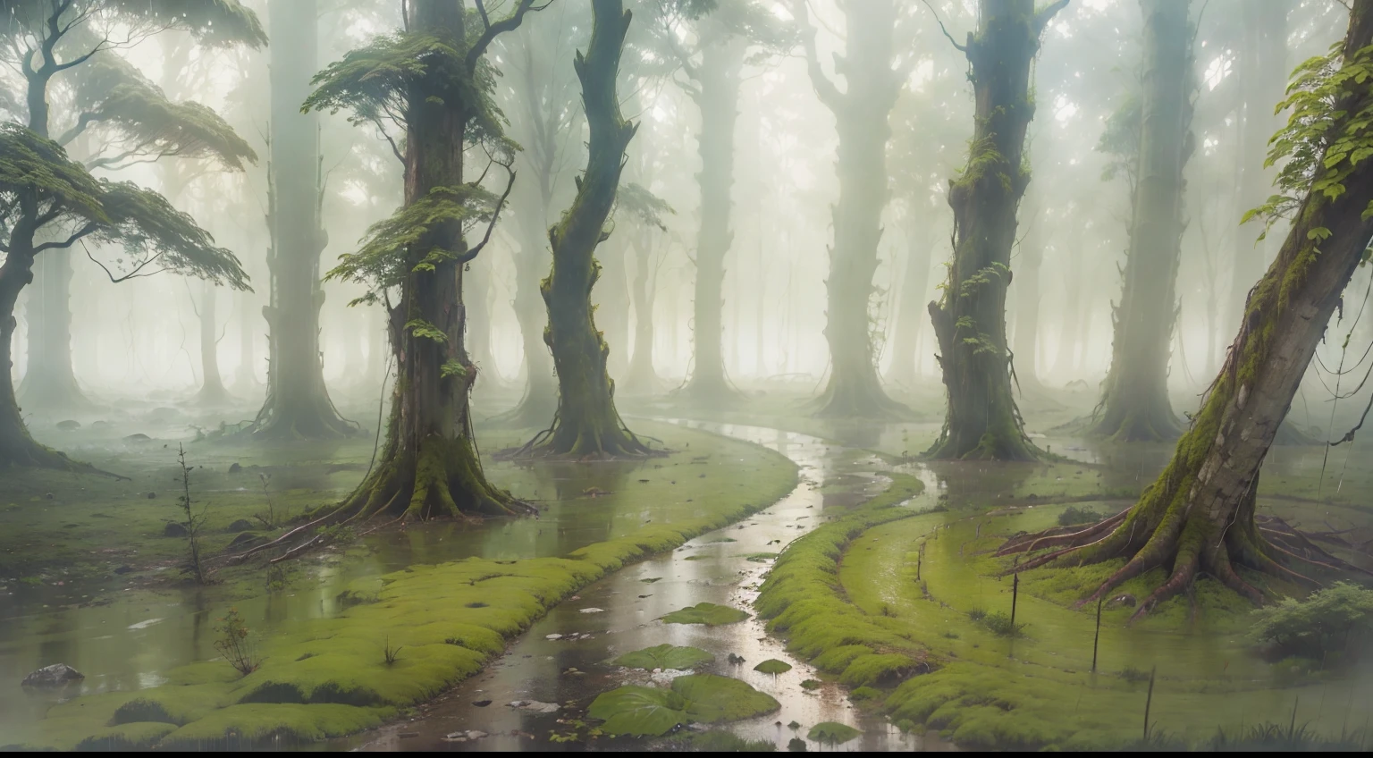 A picturesque scene of a rainy forest, capturing the essence of a muddy path winding through towering trees, the rain-slicked leaves, and misty surroundings