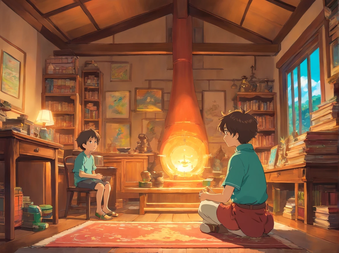 In the study,The little boy was happy,Thinking about what wishes you want to make for this year's festival