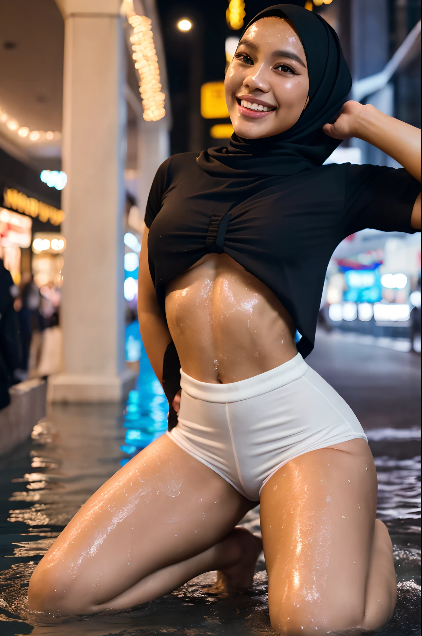 Portrait photography of a beautiful young malay girl in hijab wearing very wet white sport short jumpsuits , kneeling, nighttime, crowded mall background, bright lighting, smile and happy gesture, close up, small abs, small waist, wide hips, thick thighs, petite, detail skin texture, 4k, high detail, ultra detail,