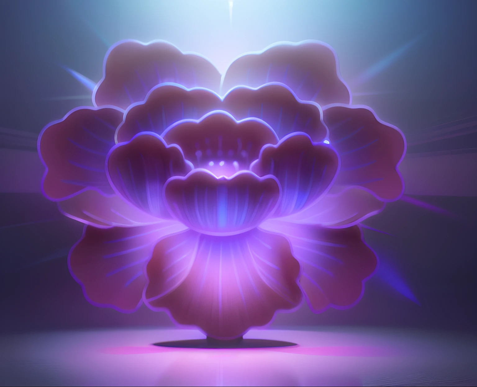Computer generated image of a peony flower, a hologram, behans, generative art, Fracturism, quantum wavetracing,,sense of science and technology,The edges glow,Blue-violet color