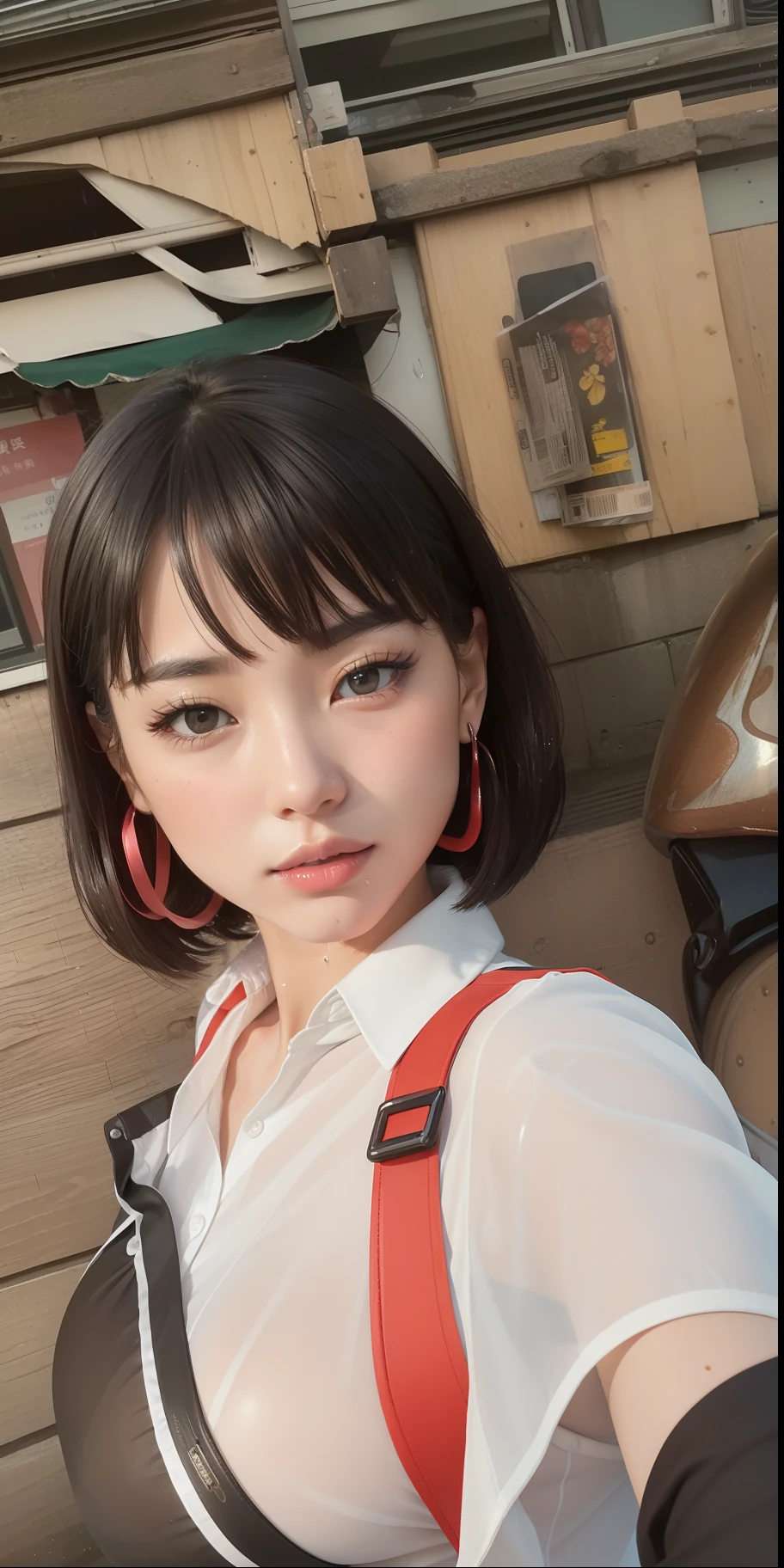 ((Best quality, 8k, Masterpiece: 1.3)), Sharp focus: 1.2, A beautiful woman with perfect body: 1.4, Slim abdomen: 1.2, ((Layered haircut, Large breasts: 1.2)), (no bra) (Small and beautiful hard nipple) (Thin and damp button up to shirt length: 1.1), (White shirt wet by rain), (Rain, Street: 1.2), Wet body: 1.1, Highly detailed face and skin texture, Detailed eyes, Double eyelid, tanned skin, sexy, tan