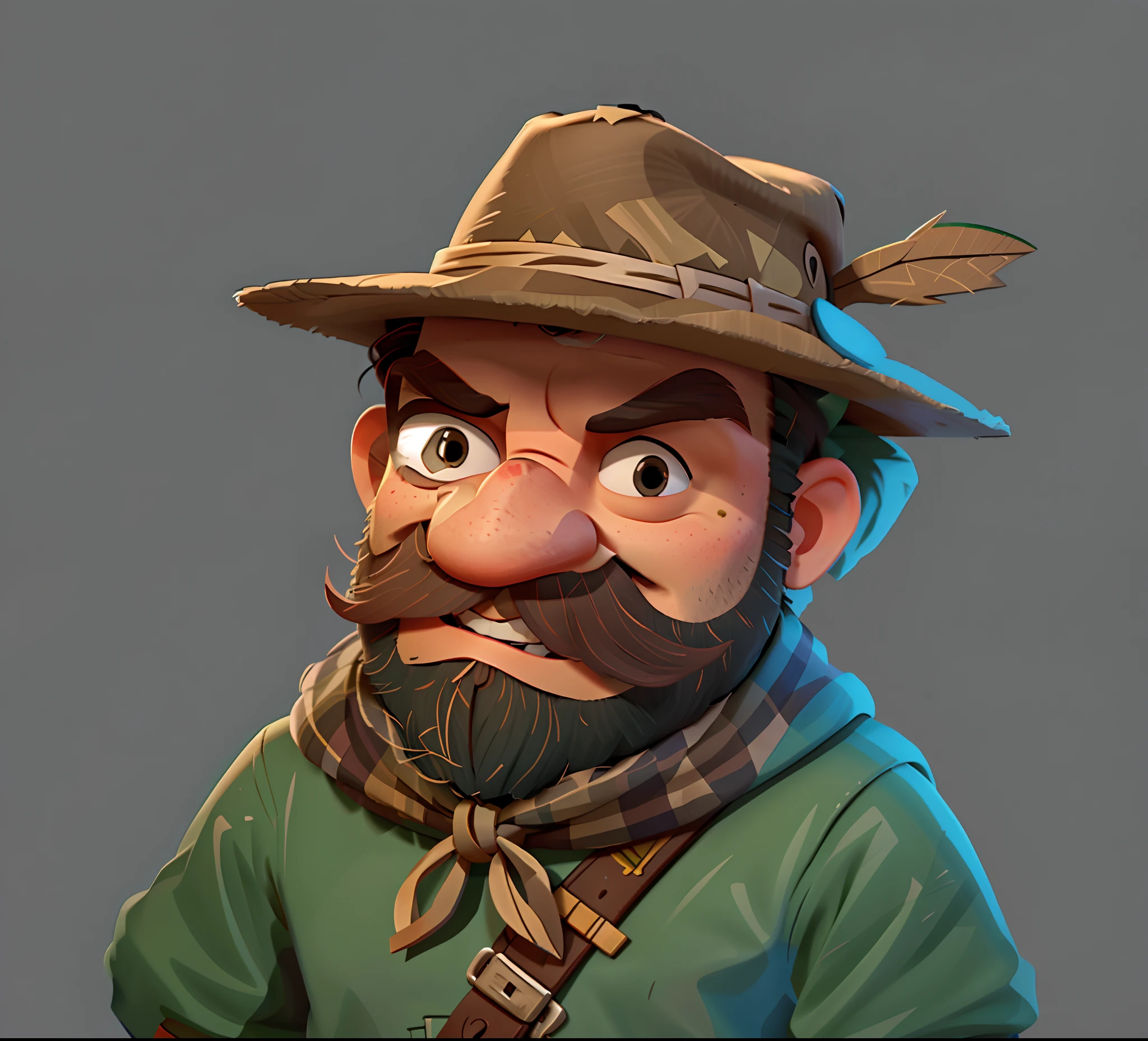 Hunter in a hat,Beard,big beard,smiling expression,large nose,European cartoon style