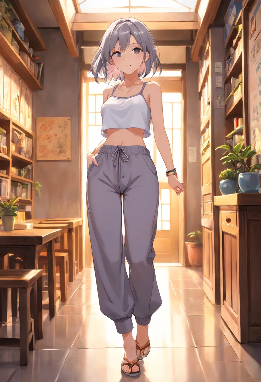 Meio corpo grande angular foto profissional de uma bela jovem magra espanhola, uma mulher magra andando em pose natural, ((foto frontal do lado esquerdo)), (((Barriga lisa fina perfeita mostrando))), ((cabelos curtos castanhos)), (((tight low-waisted grey harem pants))), ((crotch showing over the waist of harem pants)), ((cabresto branco apertado crop top)), clivagem, poder peito redondo, lacuna na coxa, pernas finas, ((cintura fina sexy mostrando)), ((quadris mostrando)), ((umbigo mostrando)), fundo da natureza da paisagem, Baixa profundidade de campo, Ponto de Fuga, foto de luz brilhante, fotografia casual real, Natural relaxed pose, estilo natural realista, Centrado, symmetric, Foto de baixo, wide angle, nikon Z9 35mm F1.8, Directed by: David Lazar e Joel Santos