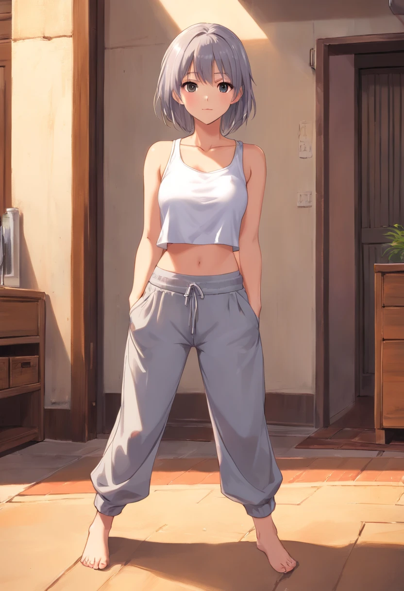 Meio corpo grande angular foto profissional de uma bela jovem magra espanhola, uma mulher magra andando em pose natural, ((foto frontal do lado esquerdo)), (((Barriga lisa fina perfeita mostrando))), ((cabelos curtos castanhos)), (((tight low-waisted grey harem pants))), ((crotch showing over the waist of harem pants)), ((cabresto branco apertado crop top)), clivagem, poder peito redondo, lacuna na coxa, pernas finas, ((cintura fina sexy mostrando)), ((quadris mostrando)), ((umbigo mostrando)), fundo da natureza da paisagem, Baixa profundidade de campo, Ponto de Fuga, foto de luz brilhante, fotografia casual real, Natural relaxed pose, estilo natural realista, Centrado, symmetric, Foto de baixo, wide angle, nikon Z9 35mm F1.8, Directed by: David Lazar e Joel Santos