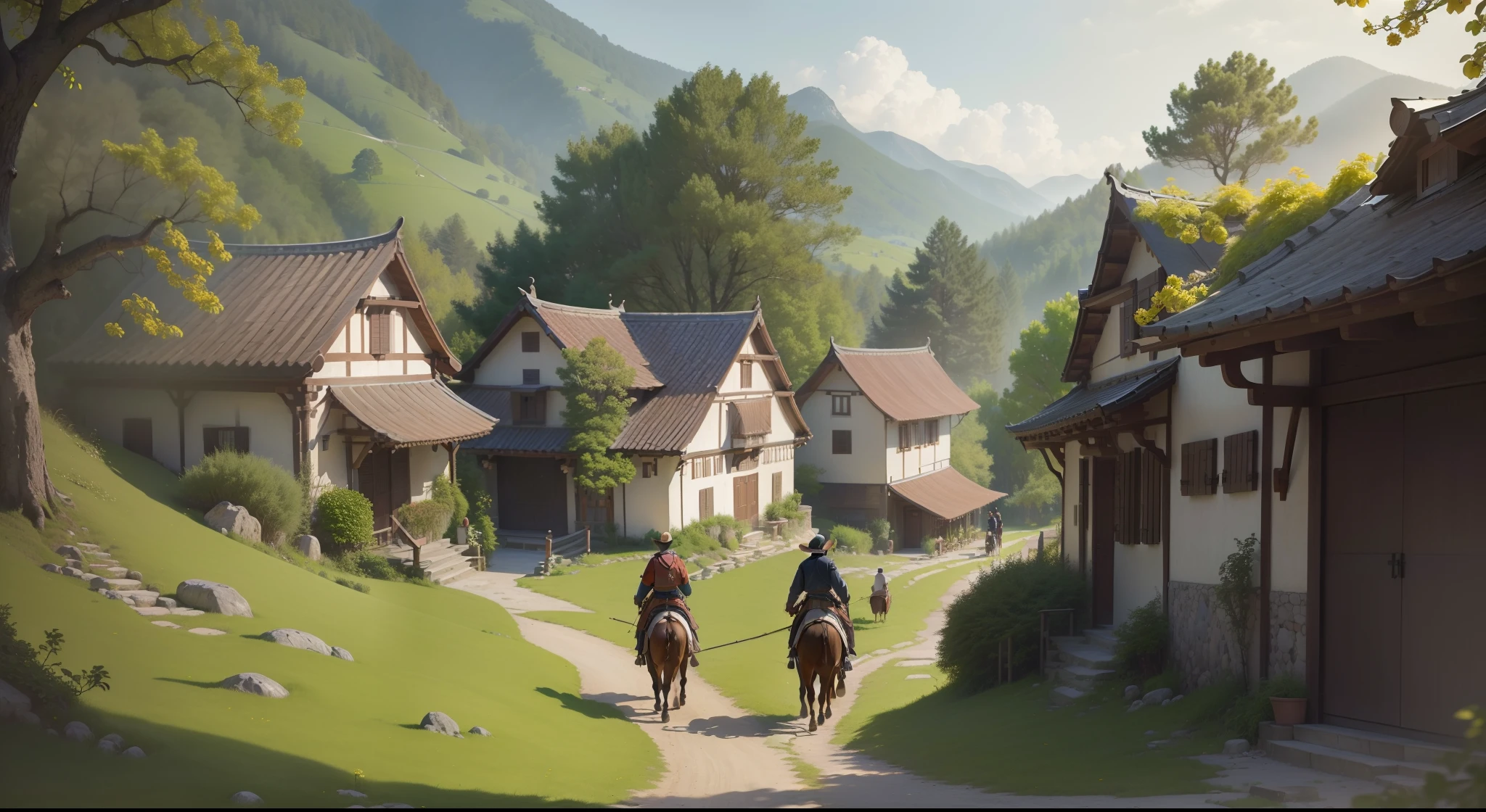 (best quality,4k,8k,highres,masterpiece:1.2),ultra-detailed,(realistic,photorealistic,photo-realistic:1.37),2boys riding on horseback,back view,carrying sticks,wearing osmanthus and wine bottle,village pathway,encountering forest,group of people,cultural costumes.