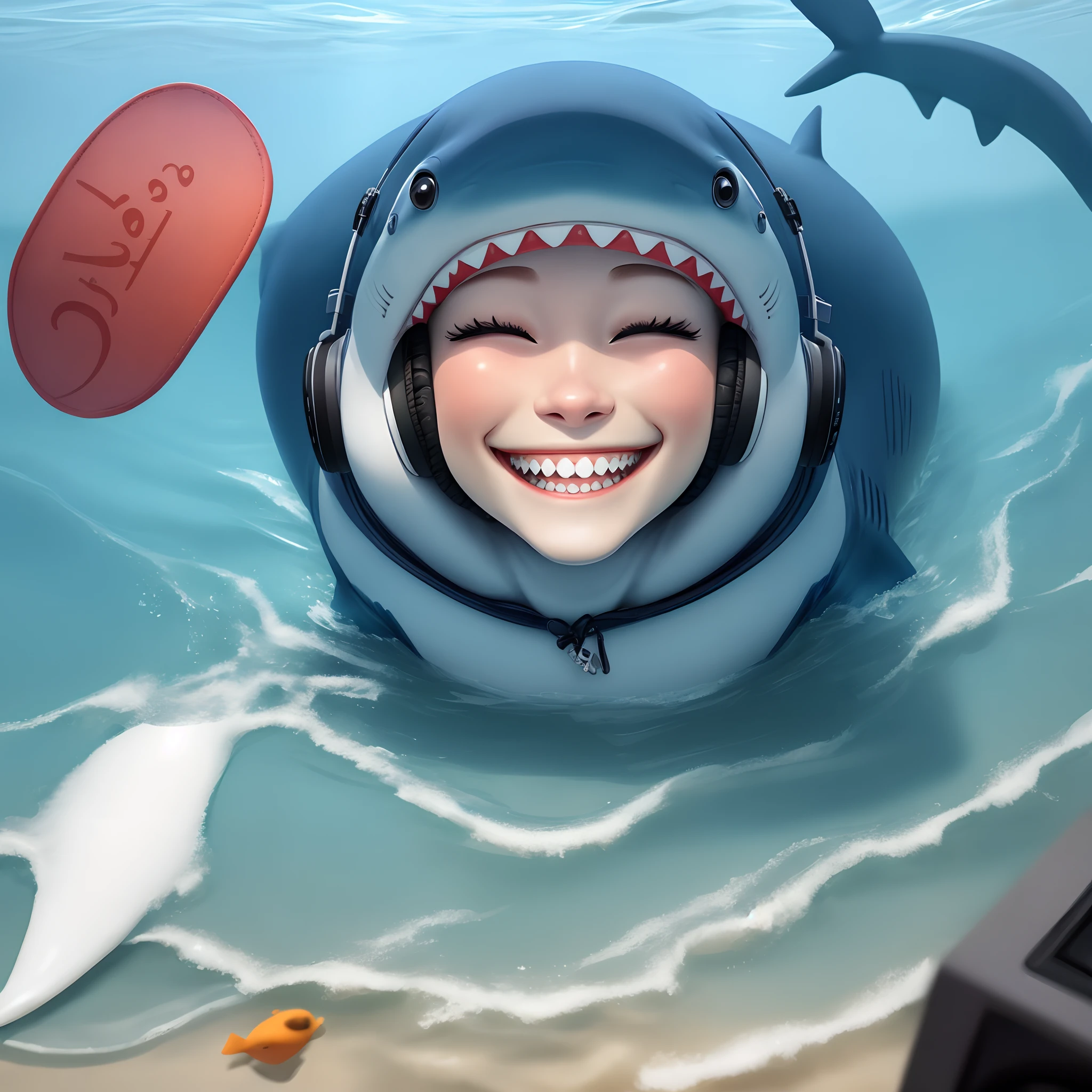 A smiling shark listening to music