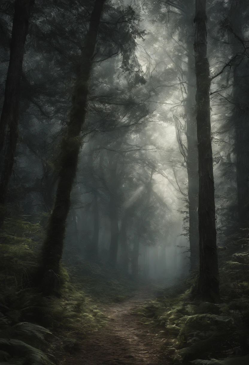 dunkler mystischer Wald, somber mood, neblig, schatten, mond