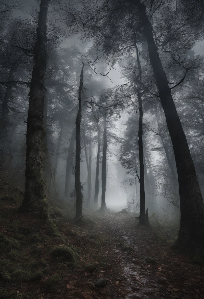 dunkler mystischer Wald, somber mood, neblig, schatten, mond