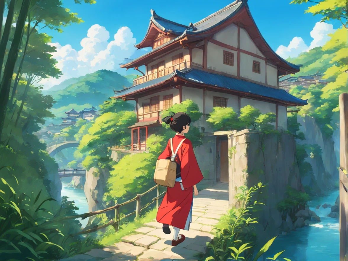 with blue sky and white clouds、-yeld boearing red Zhuang costume、Carry a bag、Climb over small hills，Cross the river 。Come to the quaint bamboo building and look up。Back Shadow。Look at the house。Rear view。Idyllic countryside