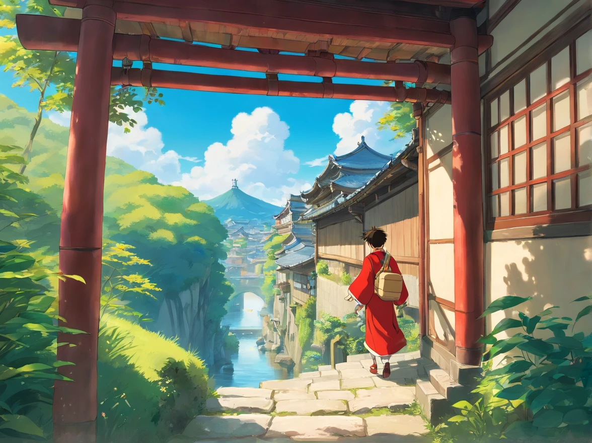 with blue sky and white clouds、15-year-old boy wearing red Zhuang costume、Carry a bag、Climb over small hills，Cross the river 。Come to the quaint bamboo building and look up。Back Shadow。Look at the house。Rear view。Idyllic countryside