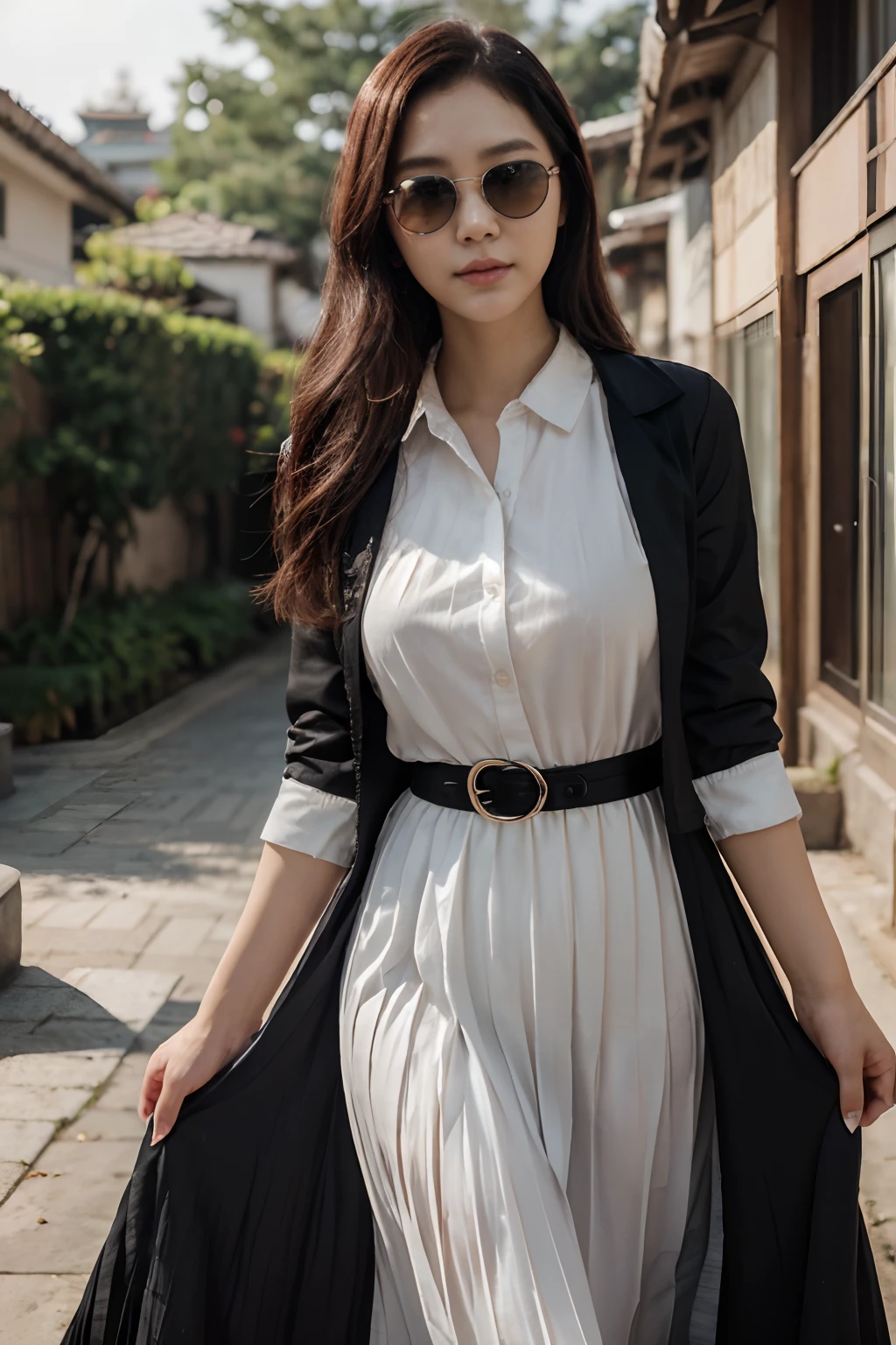 A beautiful woman in the woods, Big breasts, Slim, White skin,(In front of you:1.5), smiling korean woman, Young sensual woman,Young skinny, ((Best Quality, 8K, Masterpiece: 1.8)), (happiness: 1.3), Focusing: 1.2, Perfect Body Beauty: 1.8, butt: 1.3, (Big Wave: 1.1), (Hair waves: 1.3),(Street: 1.1), Highly detailed face and skin texture, Delicate eyes, Double eyelids, Whitened skin, Long hair, (Round face: 1.5),(model poses:1.1),(Black sunglasses:1.1),(Collared Shirts: ) ,(Black school uniform jacket outfit:),(Black skirt outfit:), ( Zenk pleated long dress:1.5) ,(Double eyelidd:1.1),(Carboy Shot),(spreading your legs:),([Lift the hem of the end of the skirt with both hands to show the white panties]),kwak ji young, Songs inspired by Tang Sin Yun Sandara, female actress from korea, jaeyeon nam, Lee Ji-eun, -silver(-silver(Izzy-silver(Lee Ji - Eun))), Korean Woman, Normal number (Normal number (Sangsoo Jeong))), heonhwa choe, beautiful south korean woman,Ecliptic-