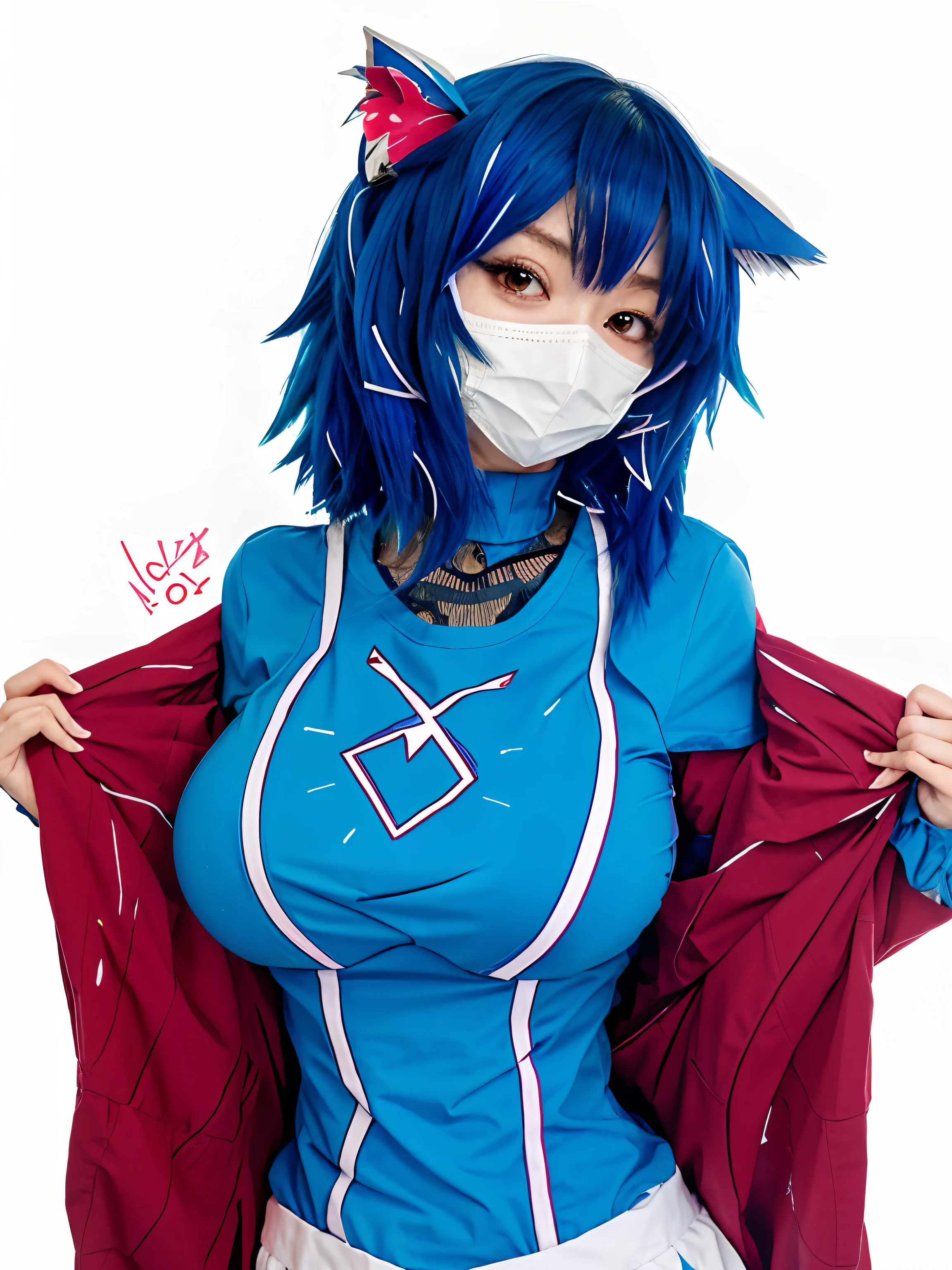 A closeup of a person wearing a mask and shirt, estilo de arte desconhecido, 2 d estilo anime, OC Commission, terno asuka sob a roupa!, (SFW) seguro para o trabalho, fully robotic!! gatinha, inspirado em Rei Kamoi, ferramenta de pintura sai!! azul, anime moe artstyle, Menina anime com cabelo martelo