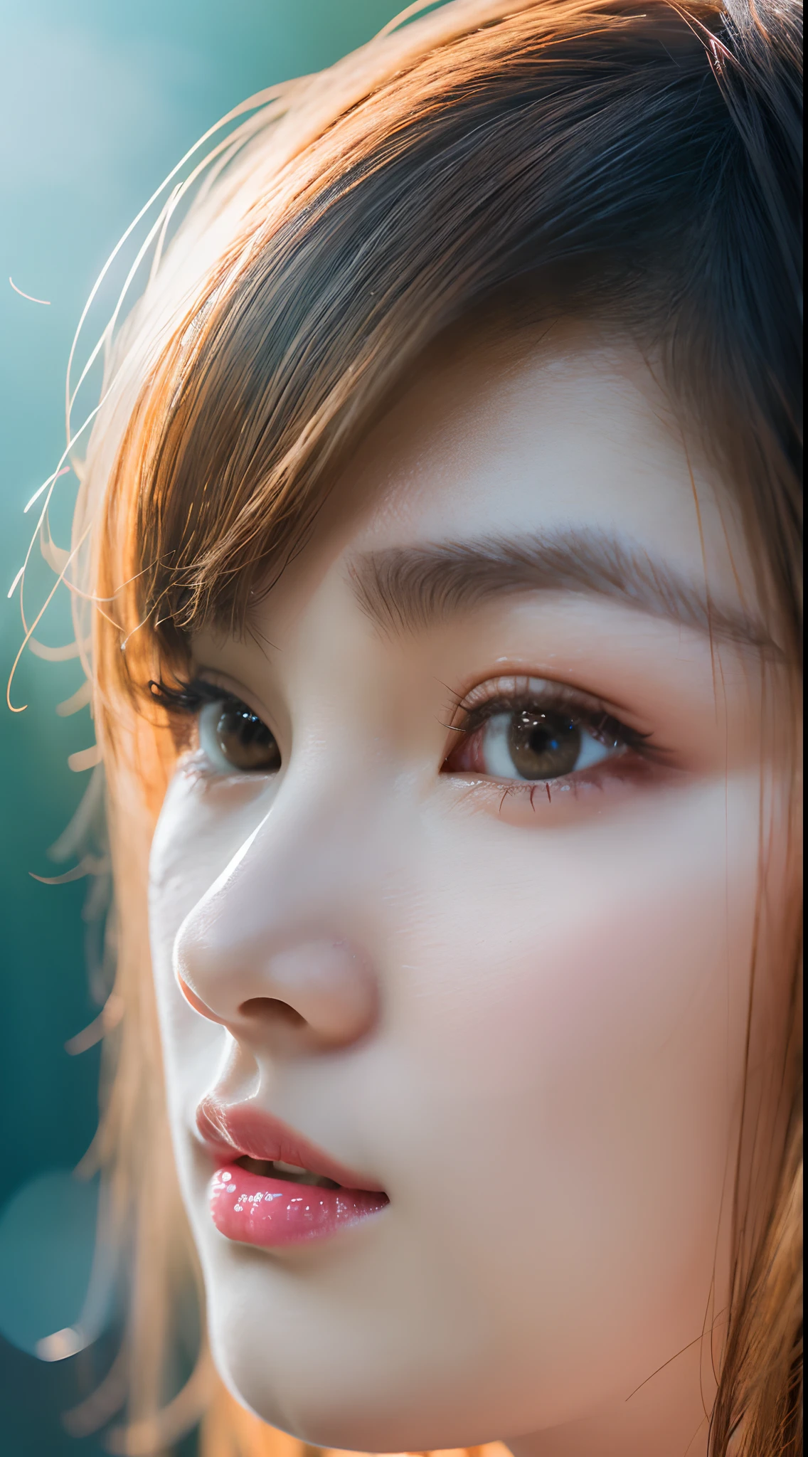 (daydream), 1girl, ((close face)), Kim Yoo-jung, (beauty goddess (Russian)), (?????? strip colour hair), (8k HD extremely realistic detailed eye:1.5 (soft scene, very low lightning), detailed beautiful reflection pupil, masterpiece:1.3, ultra highres:1.2, dynamic lighting)