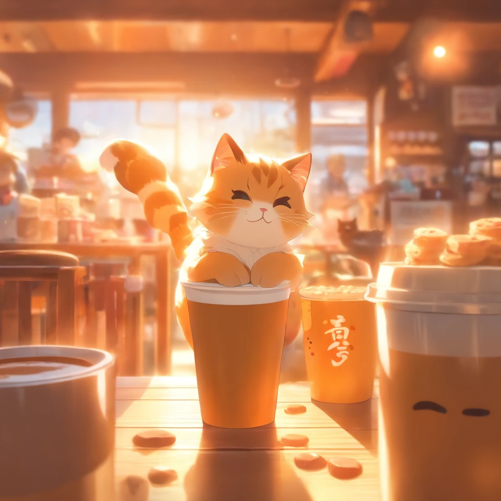 Kids Illustration,Relaxing coffee shop, coffee cup,Cute and cute cat clerk,Fatty, ((OC rendering))、counter、Warm midday sunshine、Entire store、coffee