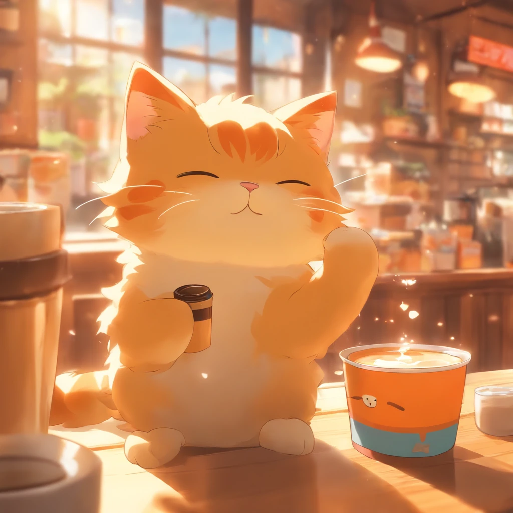 Kids Illustration，Relaxing coffee shop, coffee cup,Cute and cute cat clerk，Fatty， （（OC rendering））、counter、Warm midday sunshine、Entire store、coffee
