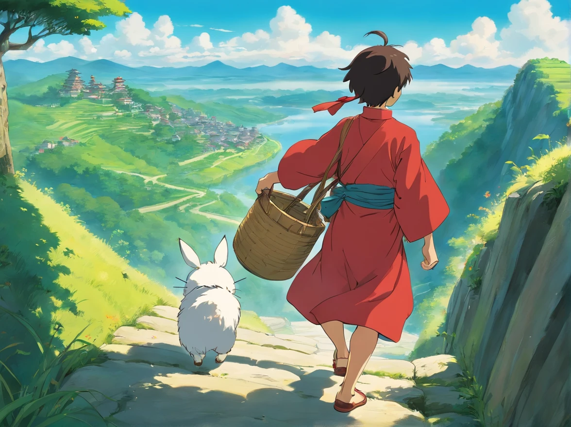 with blue sky and white clouds、15-year-old boy wearing red Zhuang costume、Carry a bag、Climb over small hills，Cross the river 。Side face perspective