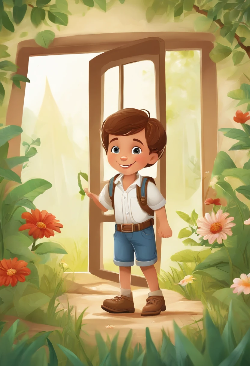 jonas the little explorer, on a white background, children's book illustration style, cute, colors, 6 , short brown hair, solid color, white short-sleeved shirt, denim shorts without belt, without glasses, without hat, no book, no backpack, Jonas was exploring his garden when he suddenly discovered a magical door hidden behind the flowers.