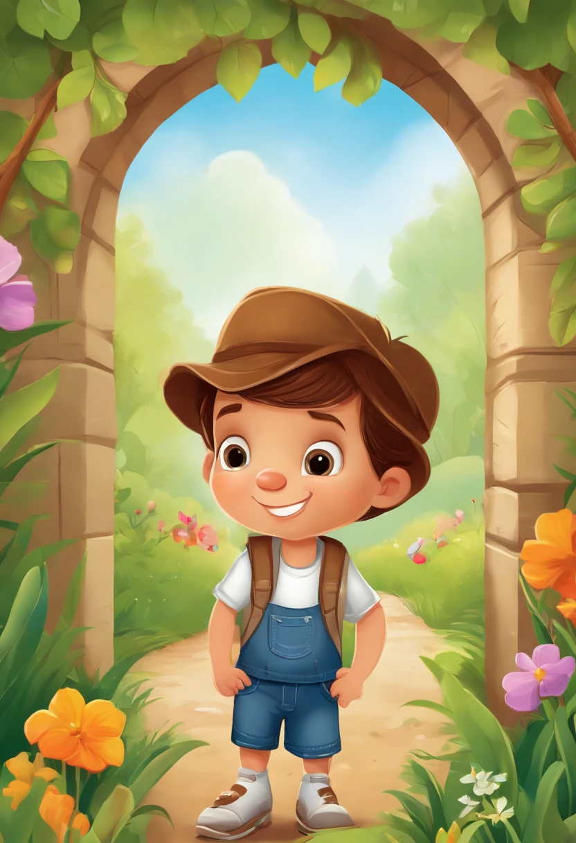 jonas the little explorer, on a white background, children's book illustration style, cute, colors, 6 years old, short brown hair, solid color, white short-sleeved shirt, denim shorts without belt, without glasses, without hat, no book, no backpack, Jonas was exploring his garden when he suddenly discovered a magical door hidden behind the flowers.