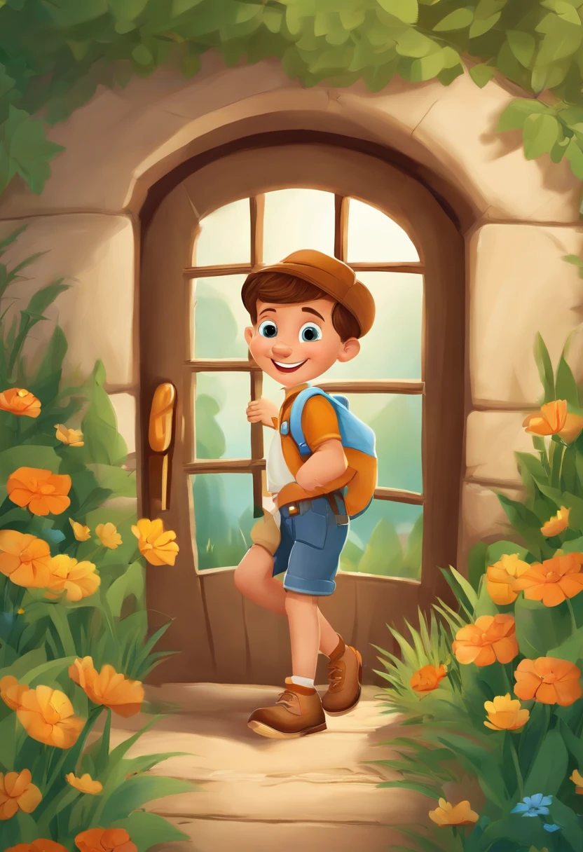 jonas the little explorer, on a white background, children's book illustration style, cute, colors, , short brown hair, solid color, white short-sleeved shirt, denim shorts without belt, without glasses, without hat, no book, no backpack, Jonas was exploring his garden when he suddenly discovered a magical door hidden behind the flowers.