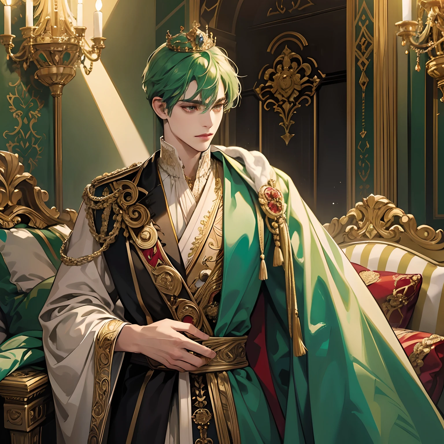 A 20-year-old male prince with green hair and black eyes, dressed in prince's clothing, (best quality, ultra-detailed), (realistic:1.37). Green-haired prince with intricate details and a realistic appearance.
Medium: Illustration, (masterpiece:1.2)
Additional details: Ornate crown, flowing robe, intricate embroidery on his clothing, royal insignia, noble and confident expression, regal posture, standing in a grand palace with marble columns and chandeliers, a crown on a velvet pillow beside him.
Art style: Portraits, fantasy, regal
Color tone: Rich and vibrant colors, emphasizing shades of green to enhance the prince's hair.
Lighting: Soft and warm lighting, with a spotlight highlighting the prince's face.
