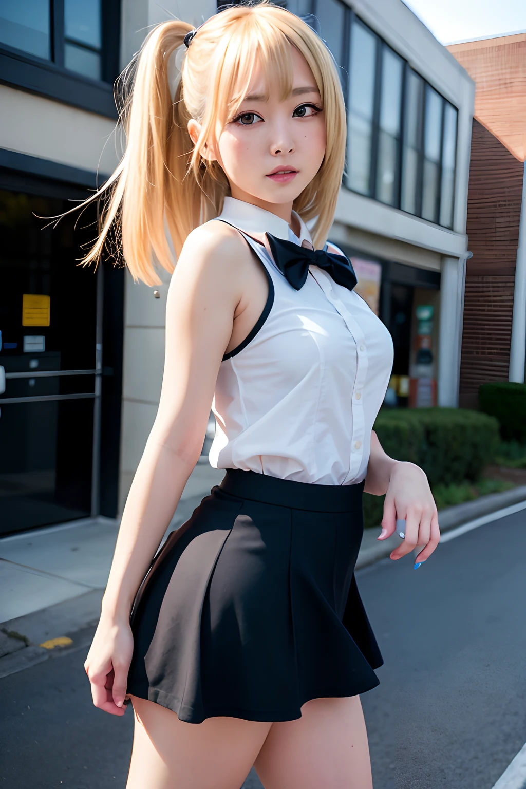 Blonde woman in short skirt and blouse walks down the street, Lift the hem of the skirt with both hands to show white panties、Anime girl cosplay, a hyperrealistic schoolgirl, a hyperrealistic schoolgirl, sakimichan hdri, Anime style mixed with Fujifilm, real life anime girl, Cosplay, Anime Cosplay, Lori, maid clothes, anime girls in maid costumes, sakimichan, small curvy ****