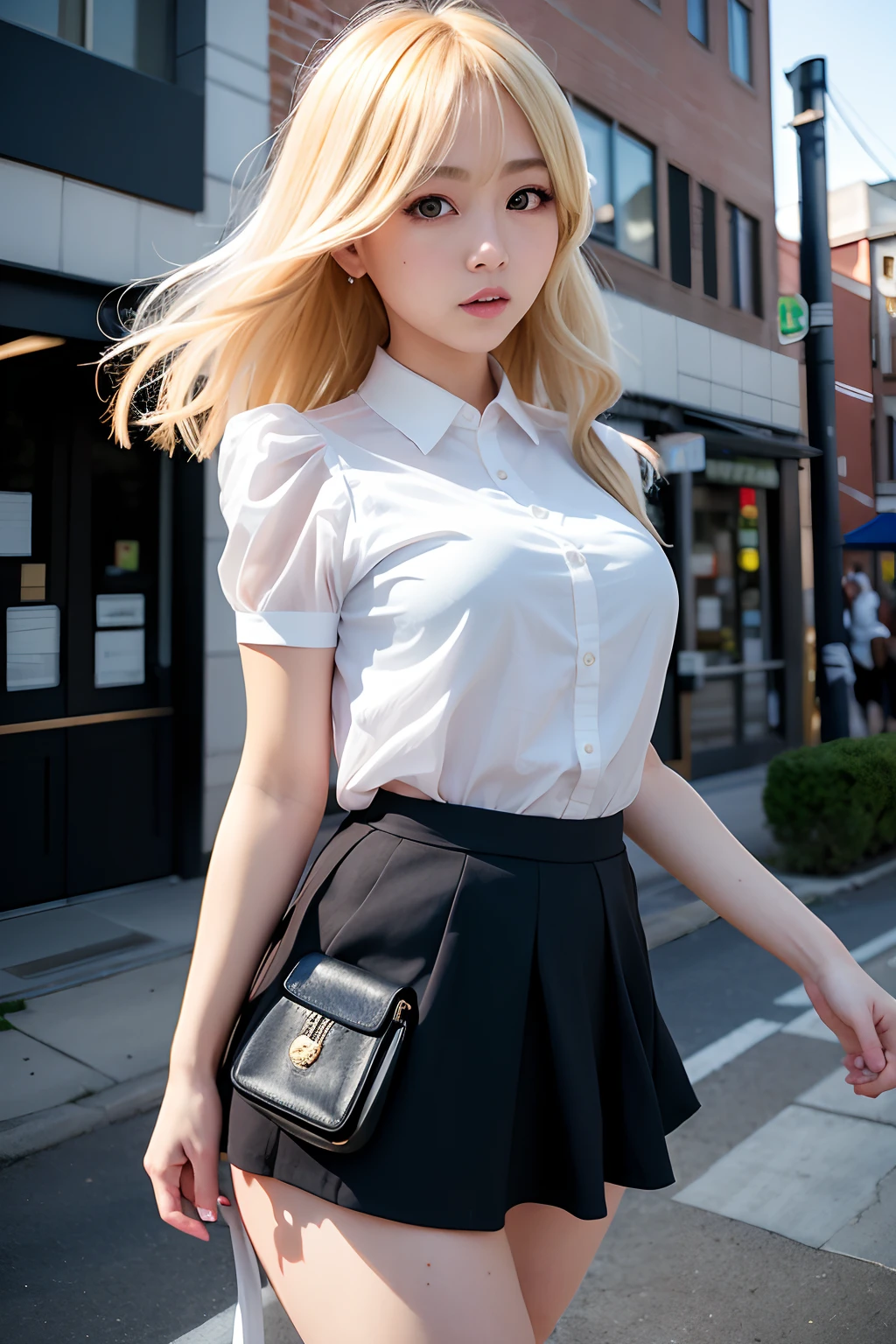 Blonde woman in short skirt and blouse walks down the street, Lift the hem of the skirt with both hands to show white panties、Anime girl cosplay, a hyperrealistic schoolgirl, a hyperrealistic schoolgirl, sakimichan hdri, Anime style mixed with Fujifilm, real life anime girl, Cosplay, Anime Cosplay, Lori, maid clothes, anime girls in maid costumes, sakimichan, small curvy ****