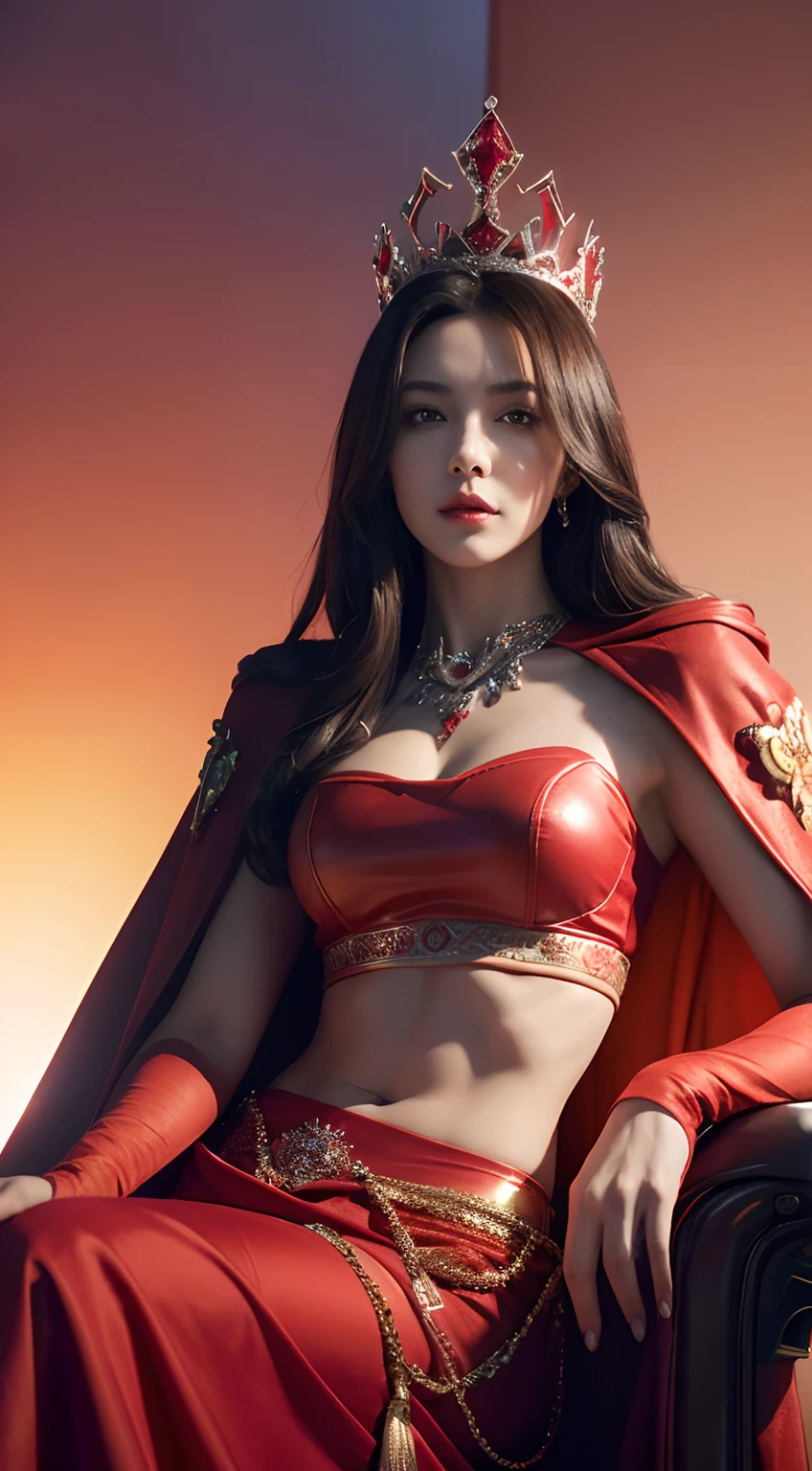 Close-up of in woman in red royal cape, crown, sitting on throne, colorful vivid octane render, cybernetic and highly detailed, smirking, ((from below)), midriff exposed, abs