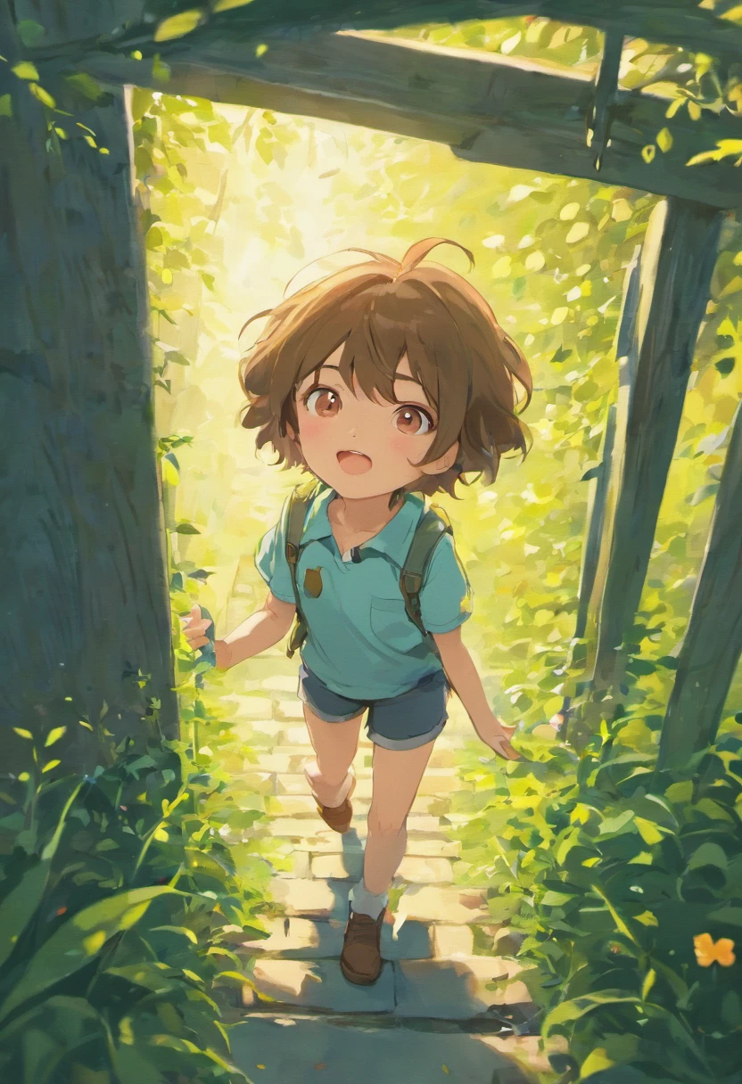 jonas the little explorer, on a white background, children's book illustration style, cute, colors, 6 years old, short brown hair, solid color, white short-sleeved shirt, denim shorts without belt, without glasses, without hat, no book, no backpack, Jonas was exploring his garden when he suddenly discovered a magical door hidden behind the flowers.