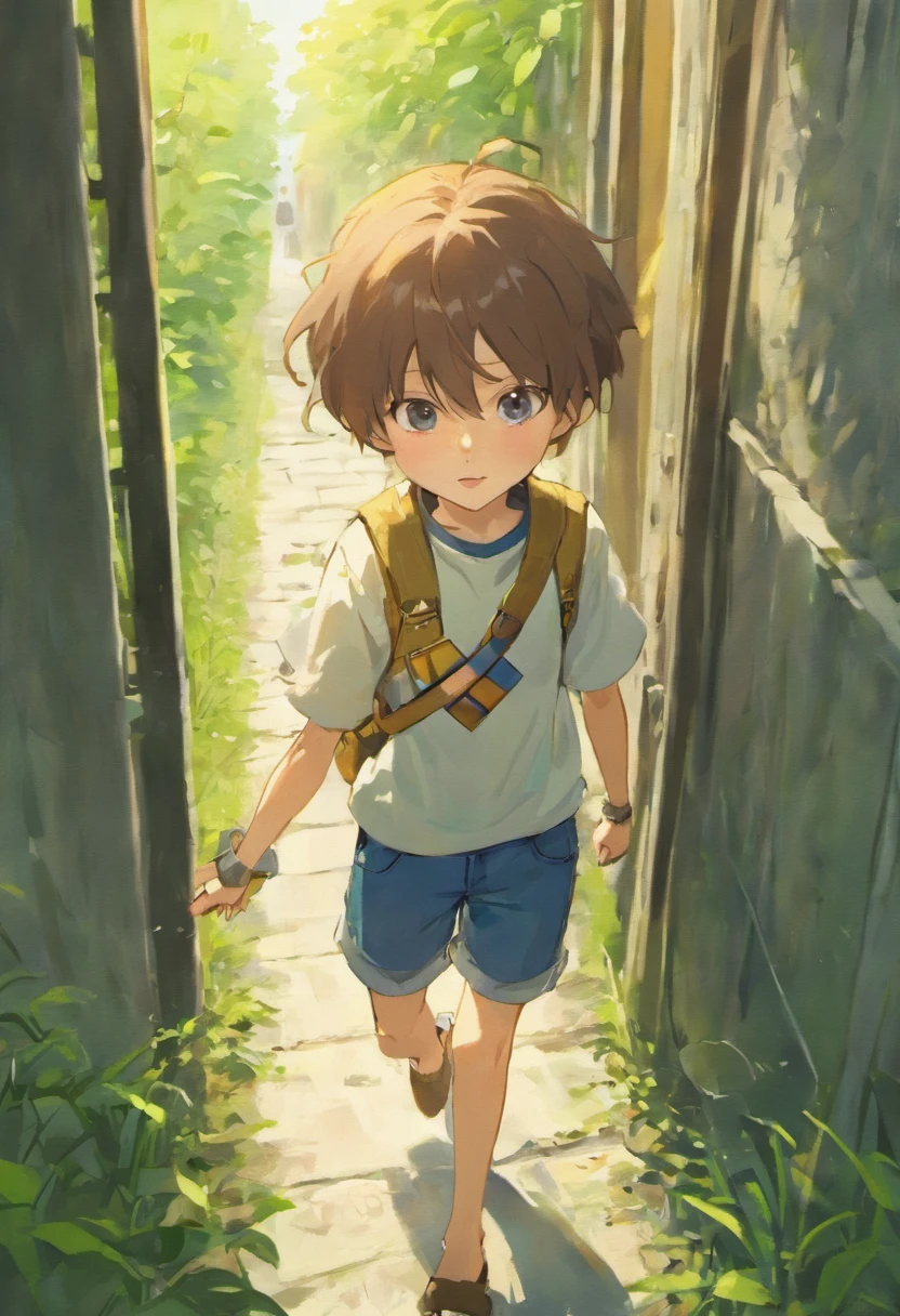 jonas the little explorer, on a white background, children's book illustration style, cute, colors, 6 years old, short brown hair, solid color, white short-sleeved shirt, denim shorts without belt, without glasses, without hat, no book, no backpack, Jonas was exploring his garden when he suddenly discovered a magical door hidden behind the flowers.