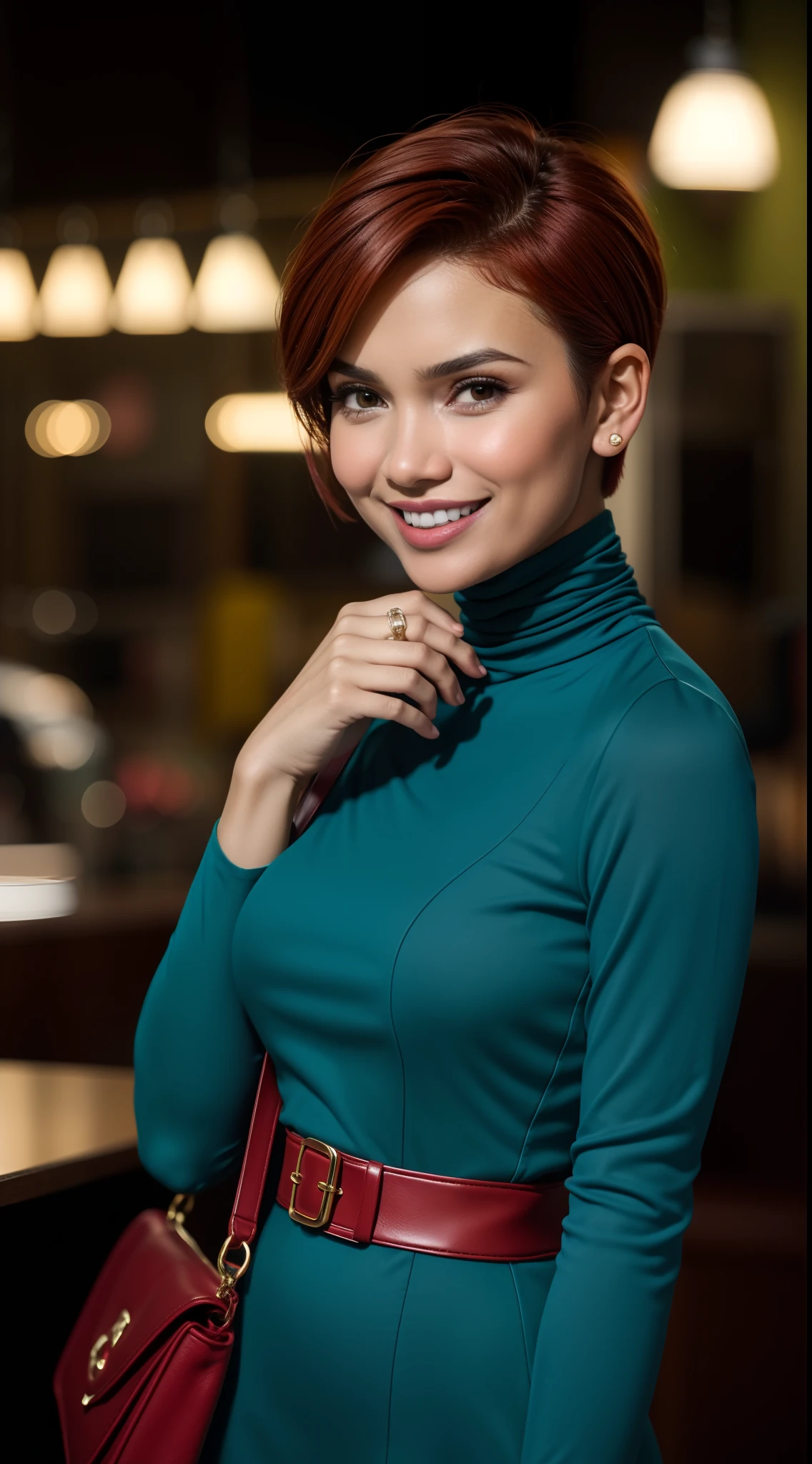 Malay girl, very short red hair, side swept pixie haircut, wear soft blue peplum Dress , laughing and posing with hand on head, touching her own head, wear handbag, from back view, windy, detail skin, age spot, detail skin texture, mole below eyes, small breast, flat chest, wide hips, small waists, thick thighs, slim abs, beautiful body, nighttime, laughing, happy, bright lighting, crowded café, blur background, bokeh, high quality, ultra detail, 8k,