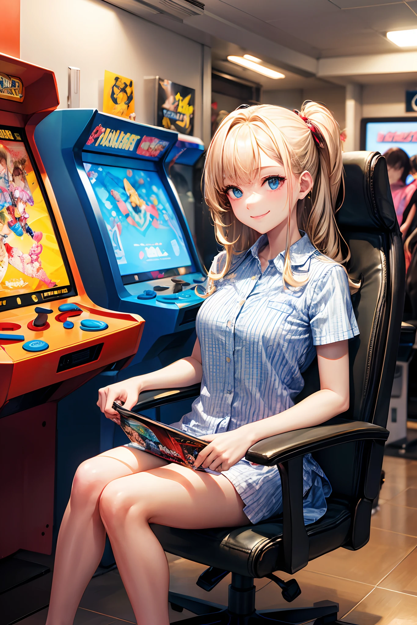 masterpiece, best quality,ultra detail,melora,smile,sitting chair, game_center, scenery, arcade cabinet, chair, poster (object), indoors
